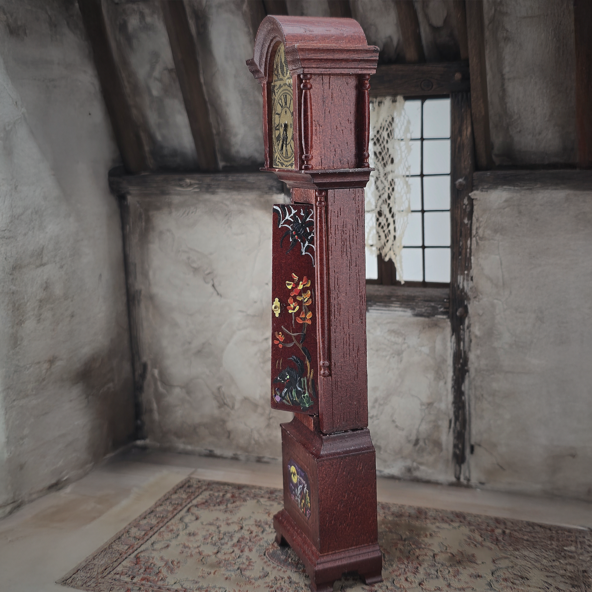 Wizard’s Grandfather Clock Hand-Carved Wood with Painted Halloween Motifs, Signed