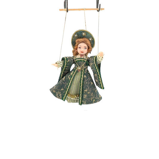Red-Haired Tudor Lady Marionette Puppet Green & Gold Gown by Loretta Kasza 1:12