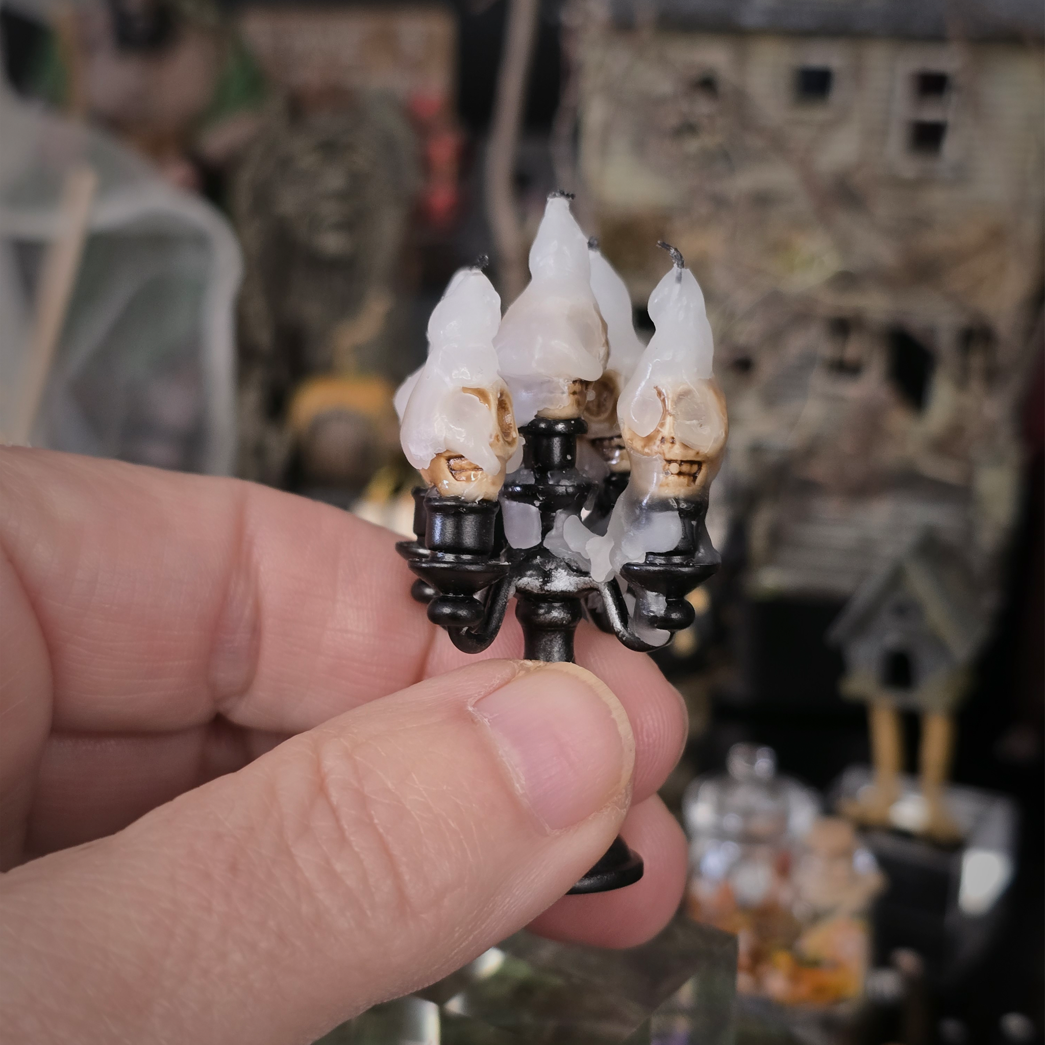 Five-Arm Skull Candelabra OOAK Metal Miniature with Distressed Black Finish & Dripping Wax
