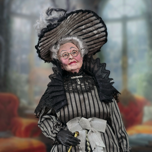 RESERVED FOR RICK: Victorian Lady Silver Black Silk Gown & Hatbox Original Marcia Backstrom Dollhouse Doll