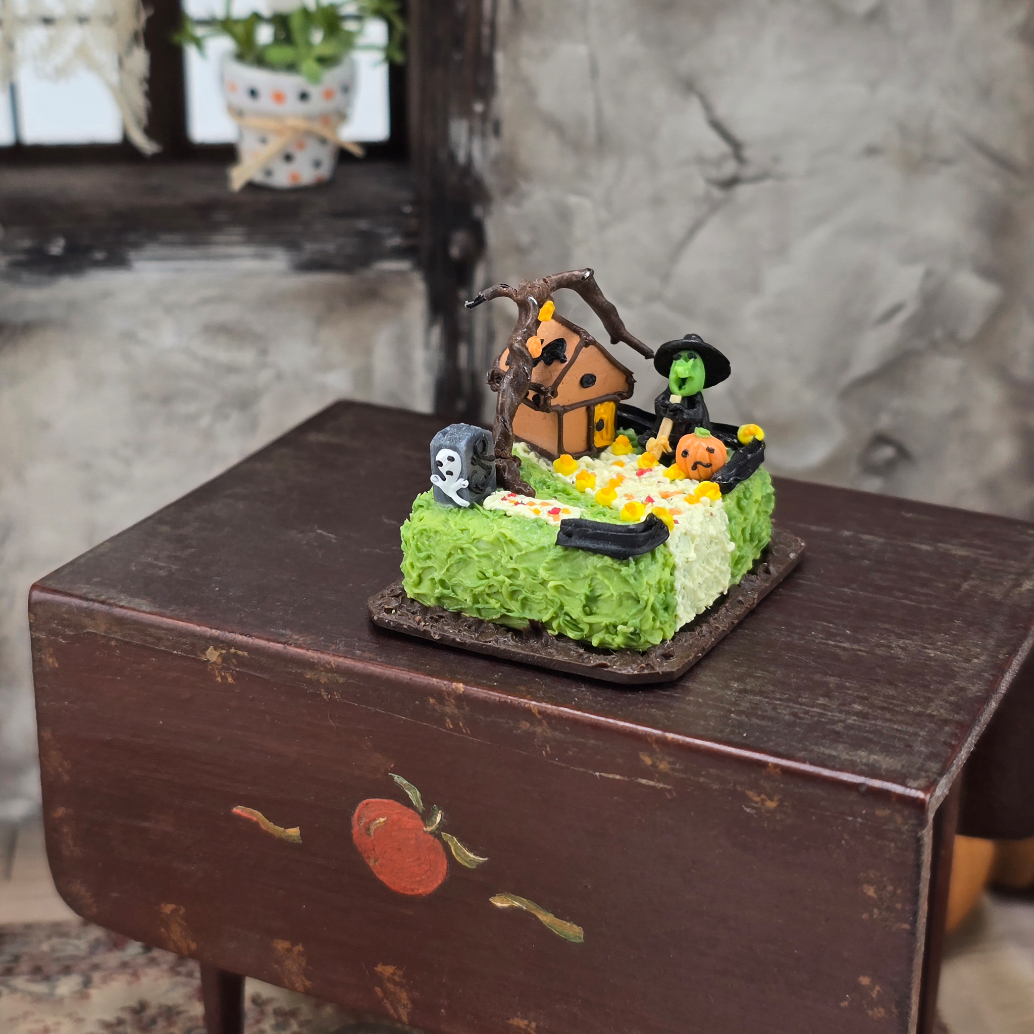 Halloween Cake OOAK Miniature with Haunted House, Tombstone, Pumpkin & Witch Fall Decor