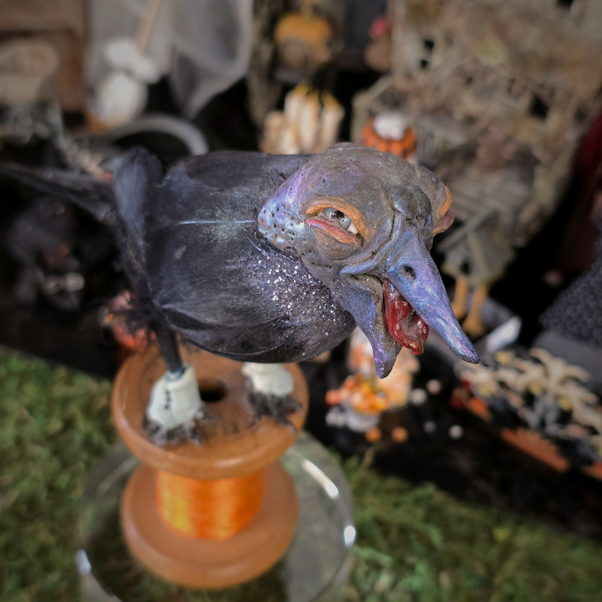 Raven Crow Bird Sculpture OOAK Sculpted Halloween Art on Vintage Thread Spool, Human Face