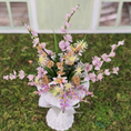 Load image into Gallery viewer, Pretty Pastel Gladiolus Arrangement in Victorian White Wicker Plant Stand
