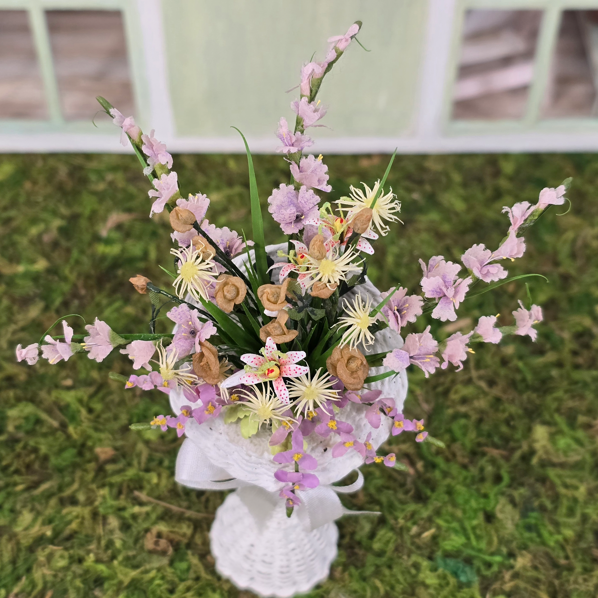Pretty Pastel Gladiolus Arrangement in Victorian White Wicker Plant Stand