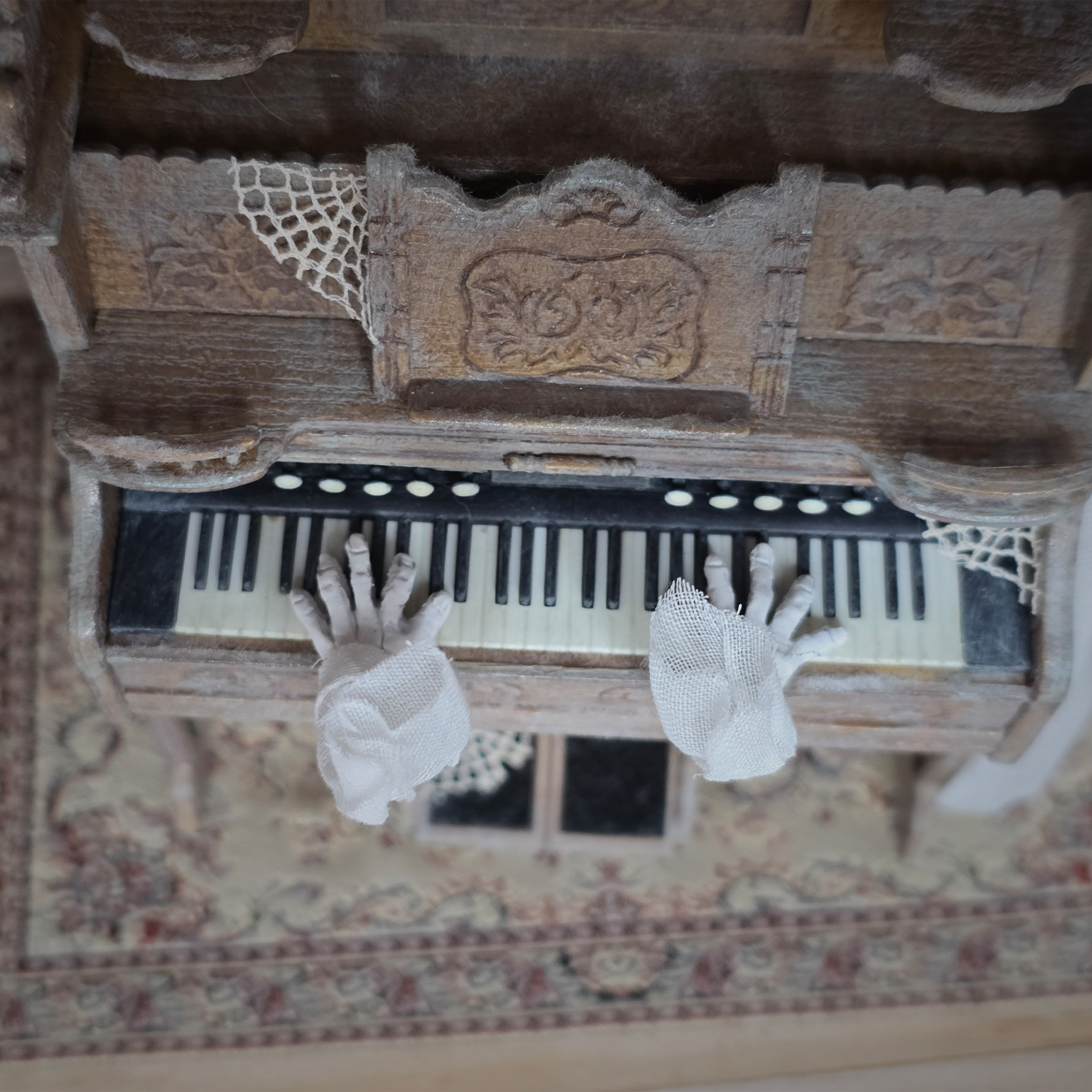 Singing Ghost Woman OOAK Haunted Miniature Lady Doll & Organ Scene by Pat Benedict