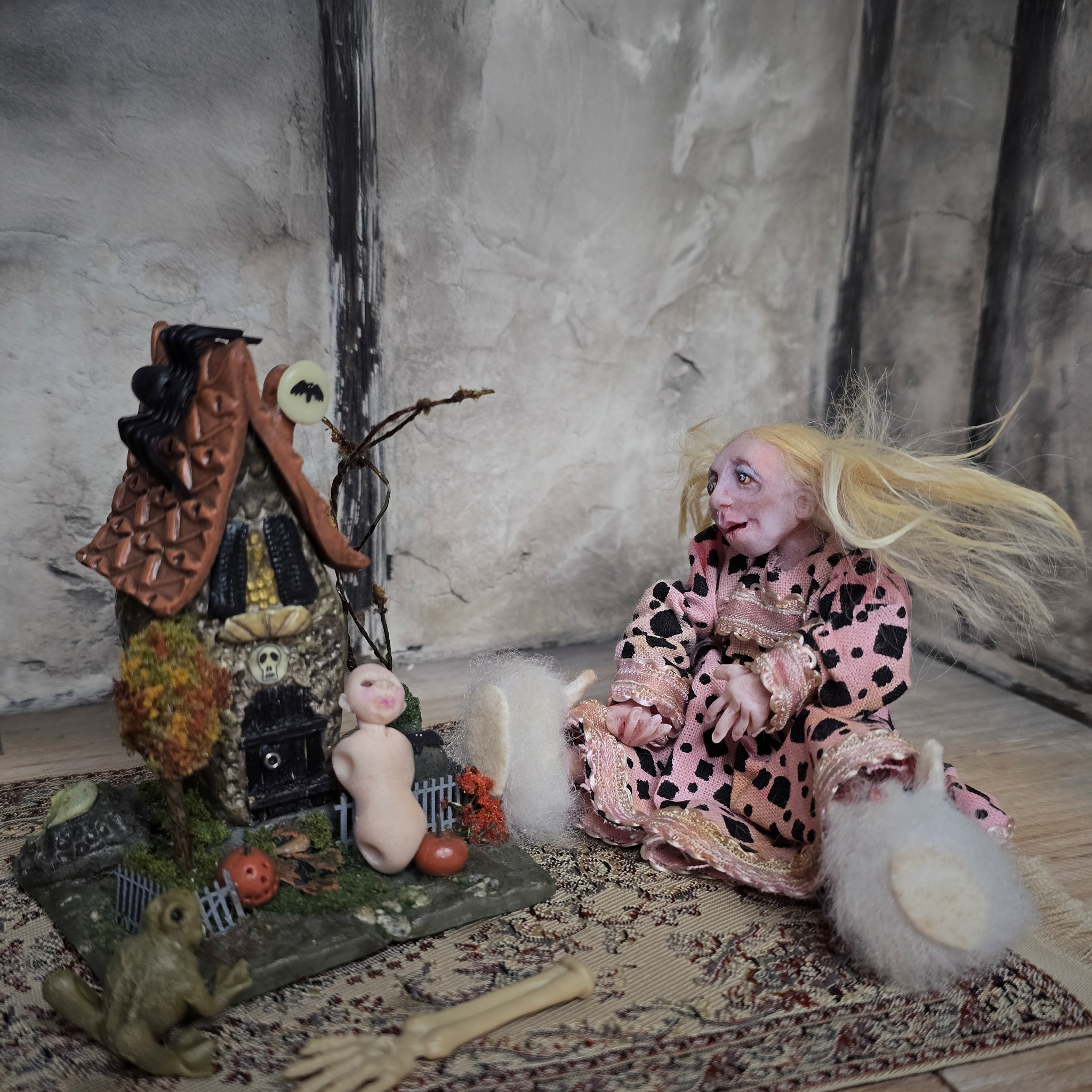 Creepy Seated Clay Little Girl Child Doll OOAK Vintage Hand Sculpted Dollhouse Miniature