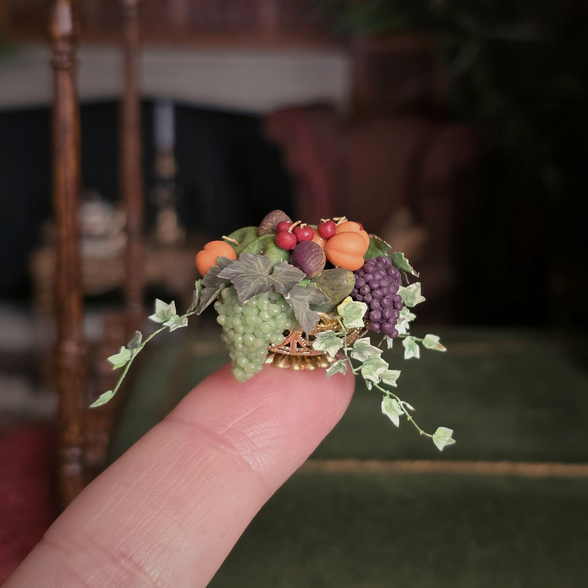 Still Life Miniature Sculpted Fruit in Golden Bowl Floral Arrangement Centerpiece