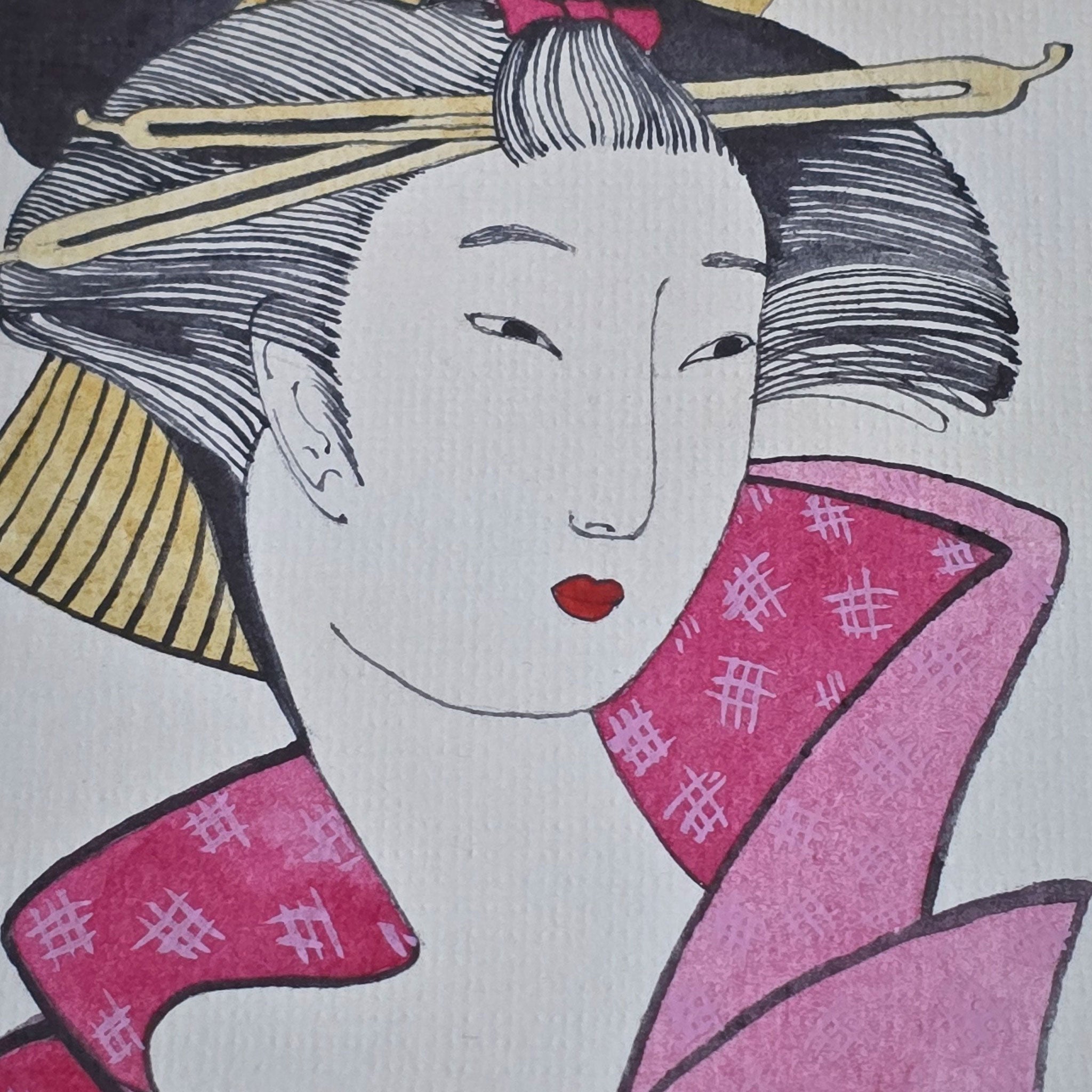 Illustration of a geisha with pink kimono and black hair accessories on a white background Alexandra R.