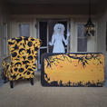 Load image into Gallery viewer, Kris Compas Yellow & Black Upholstered Halloween Print Wing Back Armchair, Pillow & Table
