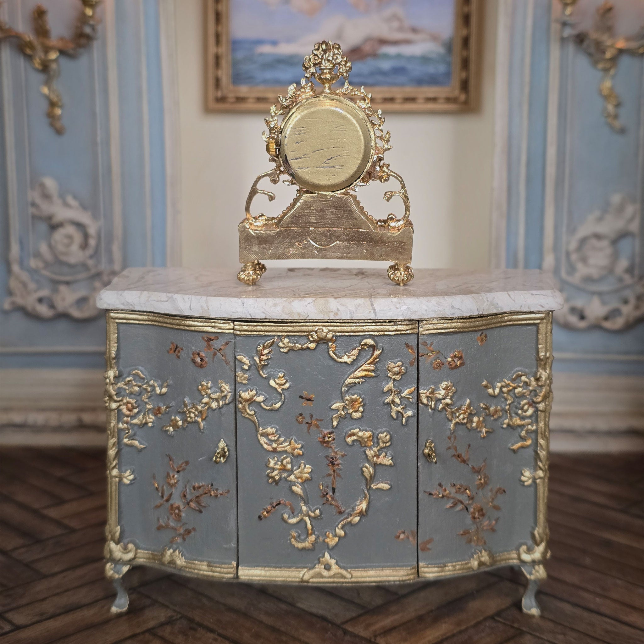 Backside of miniature dollhouse mantle clock