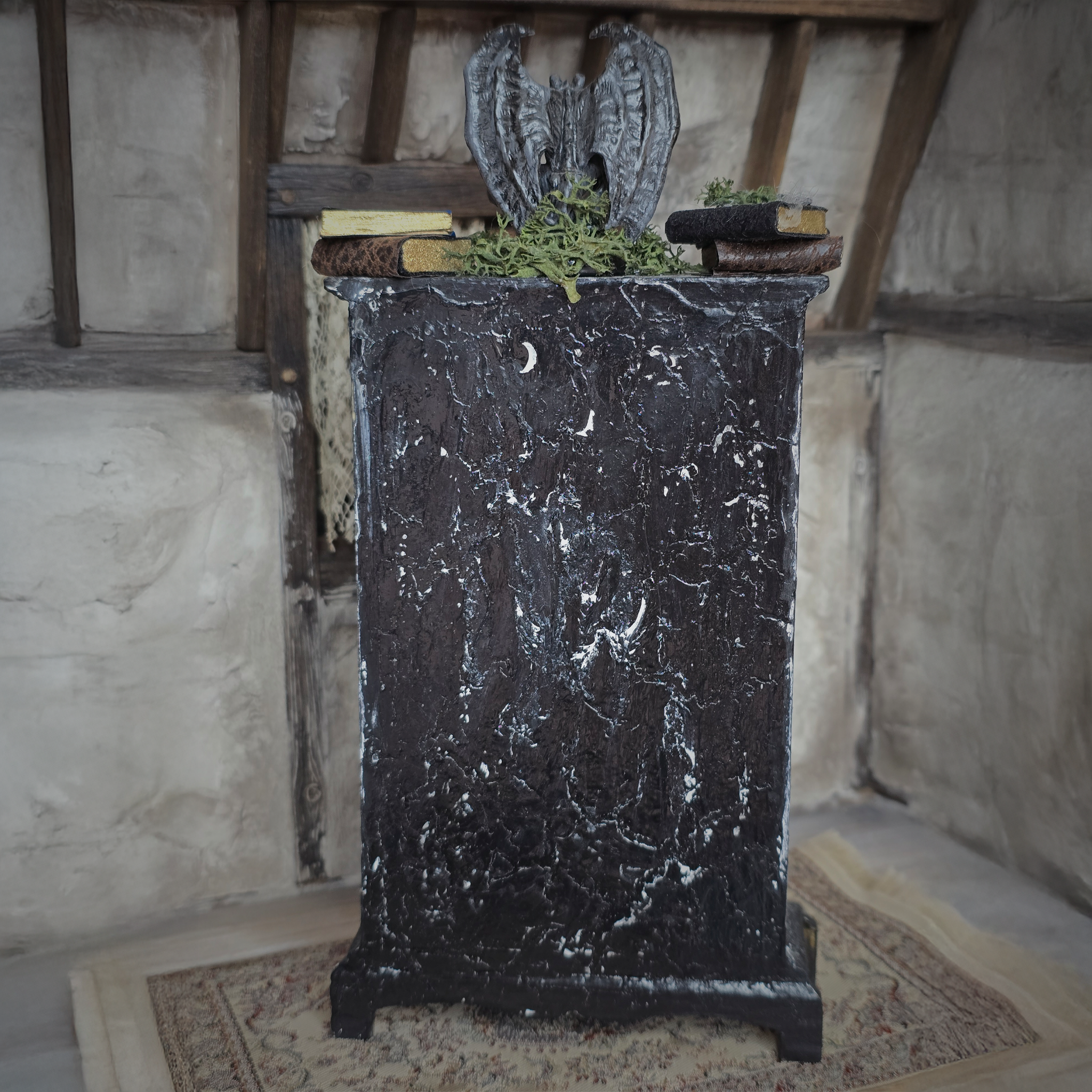 Black Wooden Halloween Curio Cabinet OOAK Miniature with Magical Contents & Gargoyle