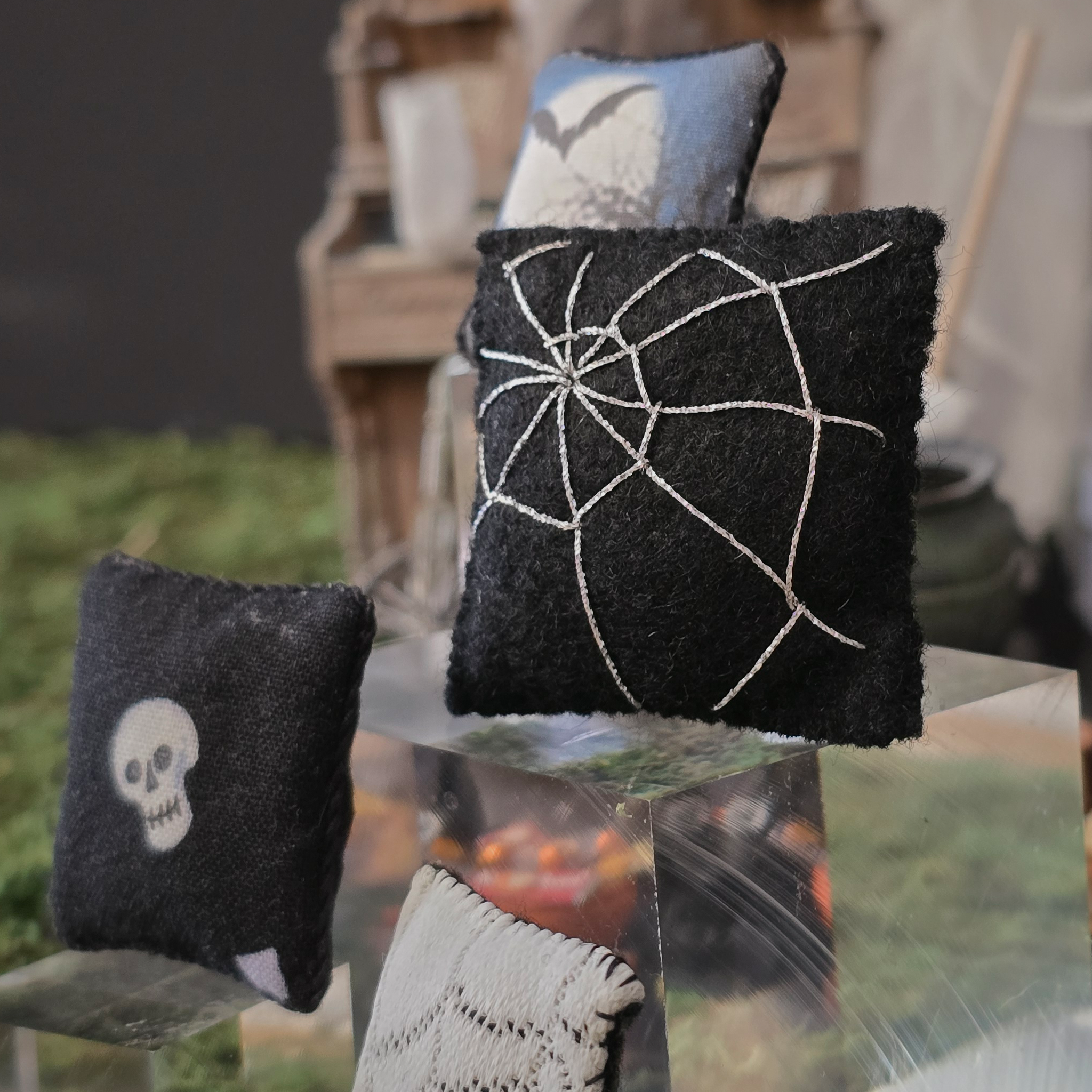 Halloween Pillow Set Artisan Handmade Miniature Spooky Decorative Cushions (Set of 4)