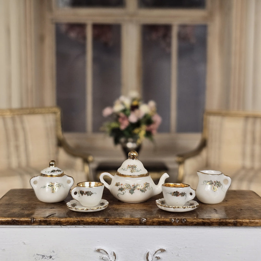 Nancy Duden Gilded Garland Holiday Tea Service for Two Dollhouse Miniature Set