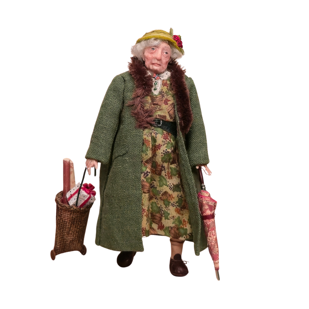 OOAK Older Lady with Shopping Trolley & Umbrella 1:12 Artisan Holiday Doll