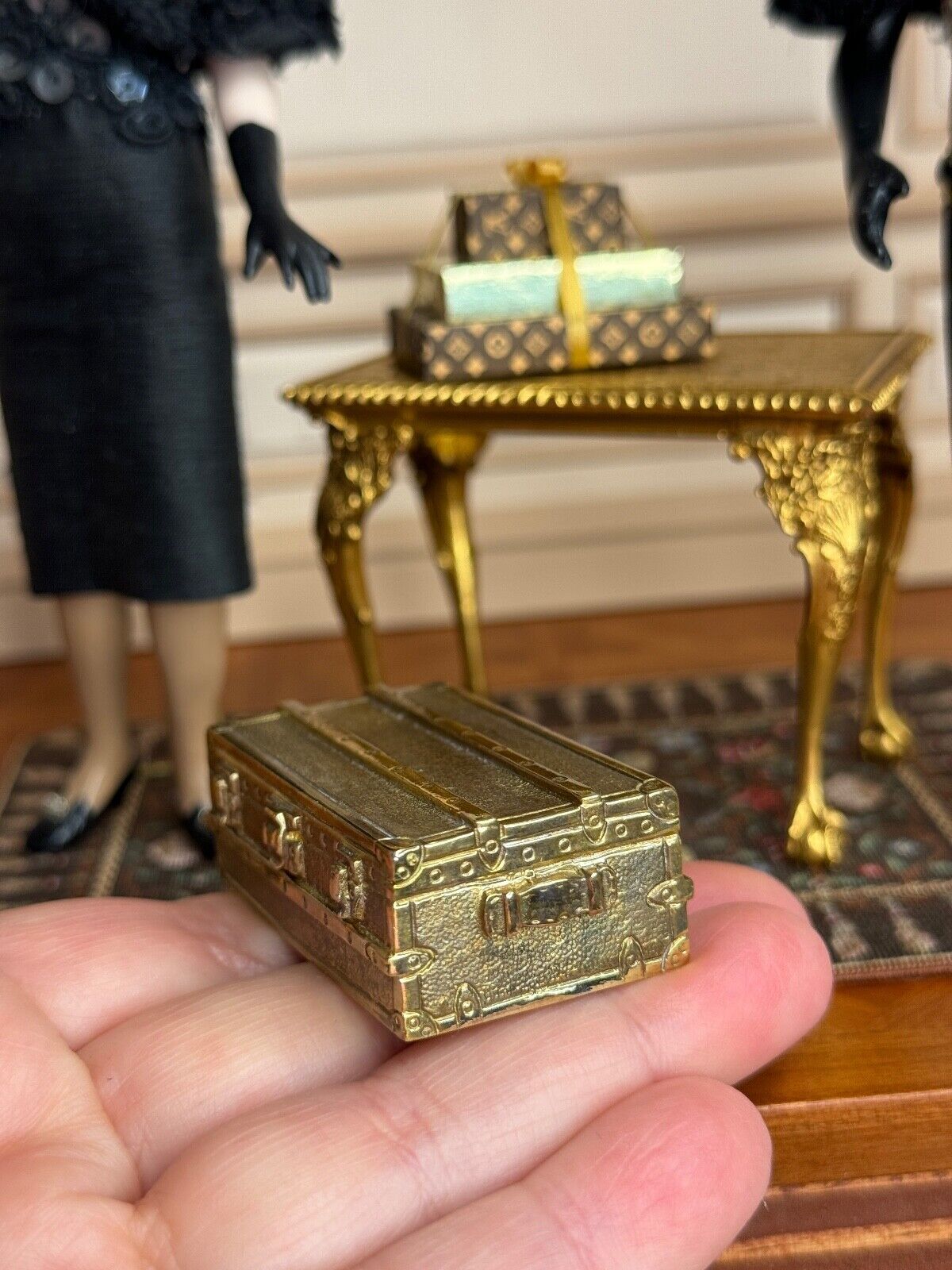 Louis Vuitton Brass Miniature Display Suitcase Trunk 1980s, side view