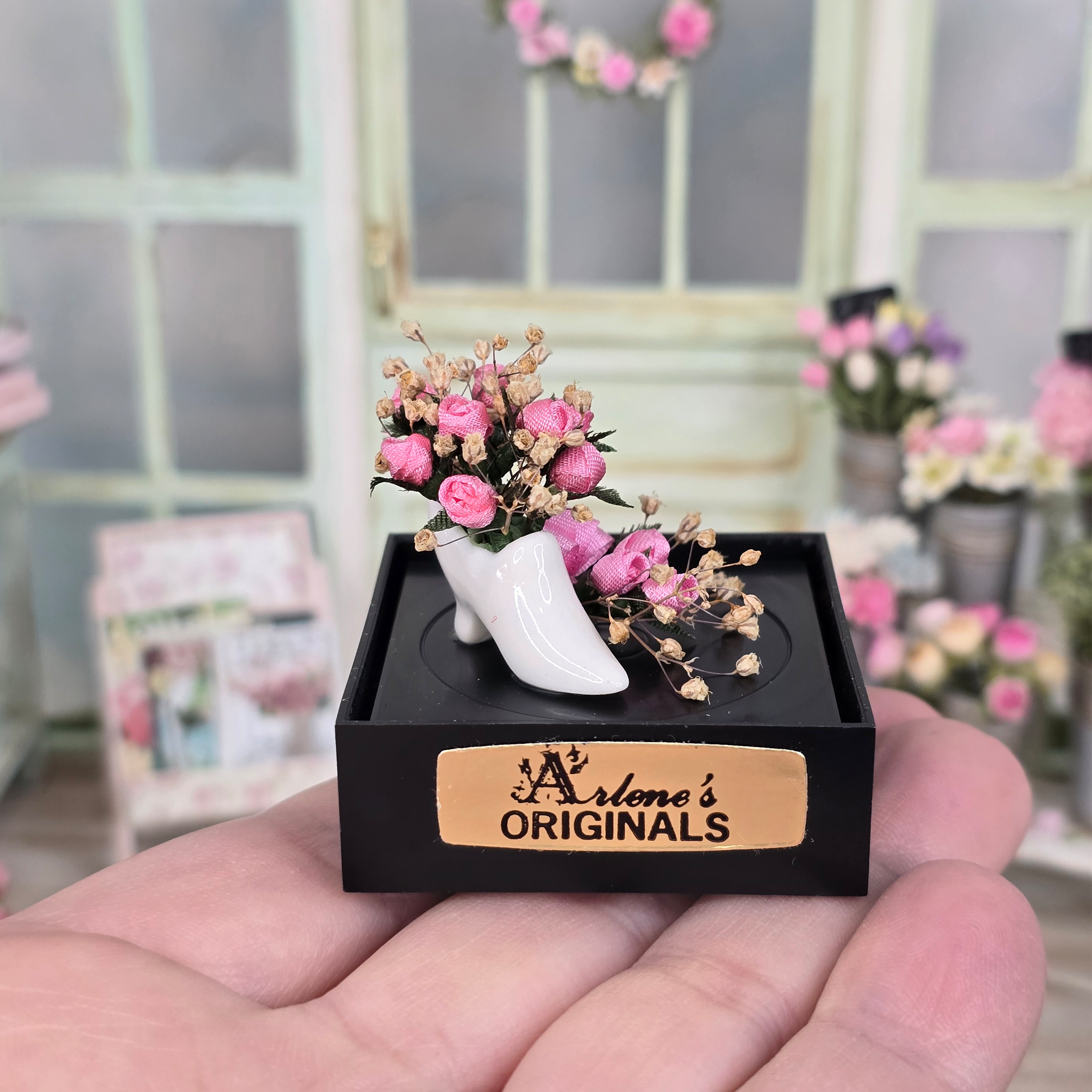 Arlene Bellinger Romantic Pink Rose Bouquet Set with Porcelain Victorian Shoe Vase