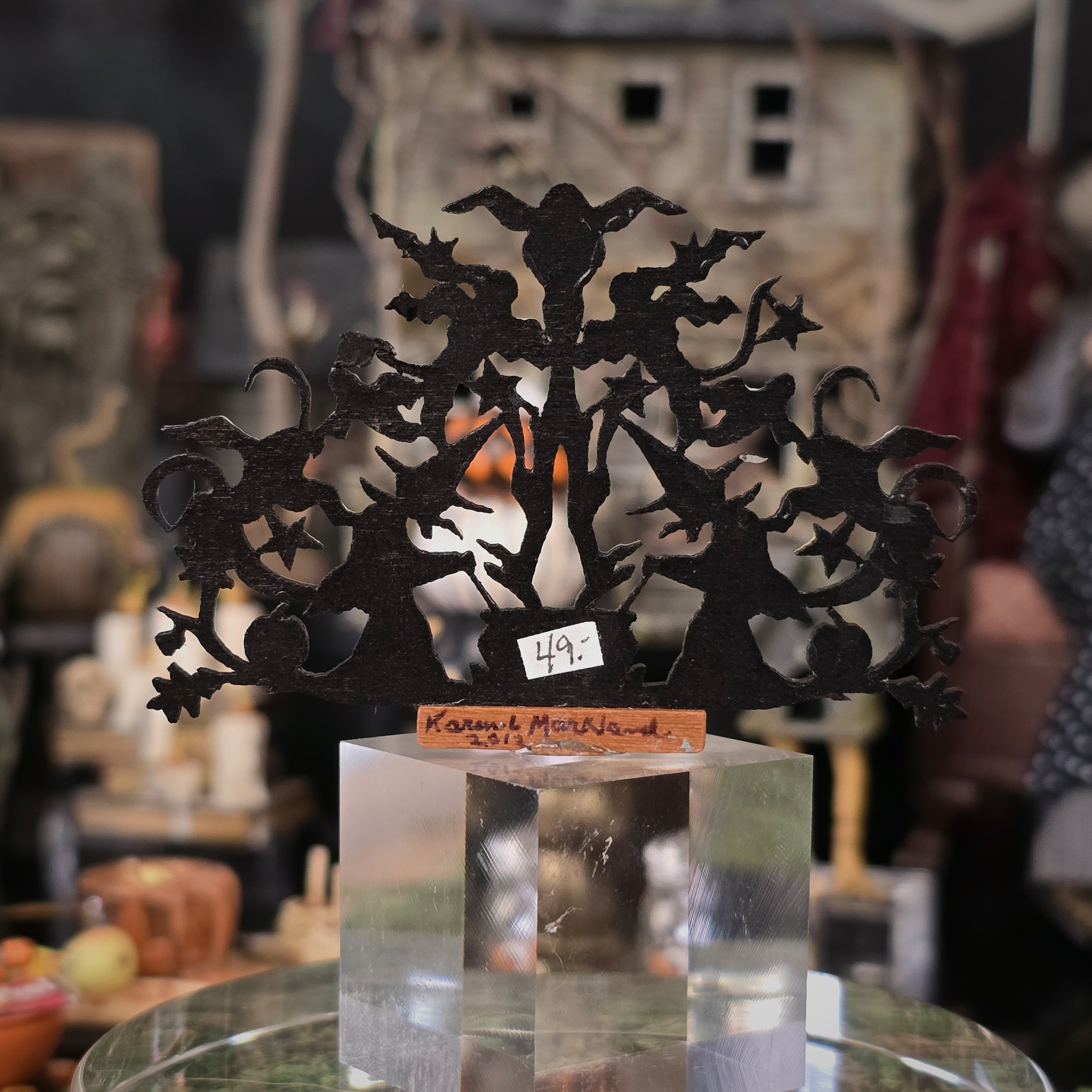 Karen Markland Signed Halloween Painted Carved Wood Art Piece Display (2012) OOAK