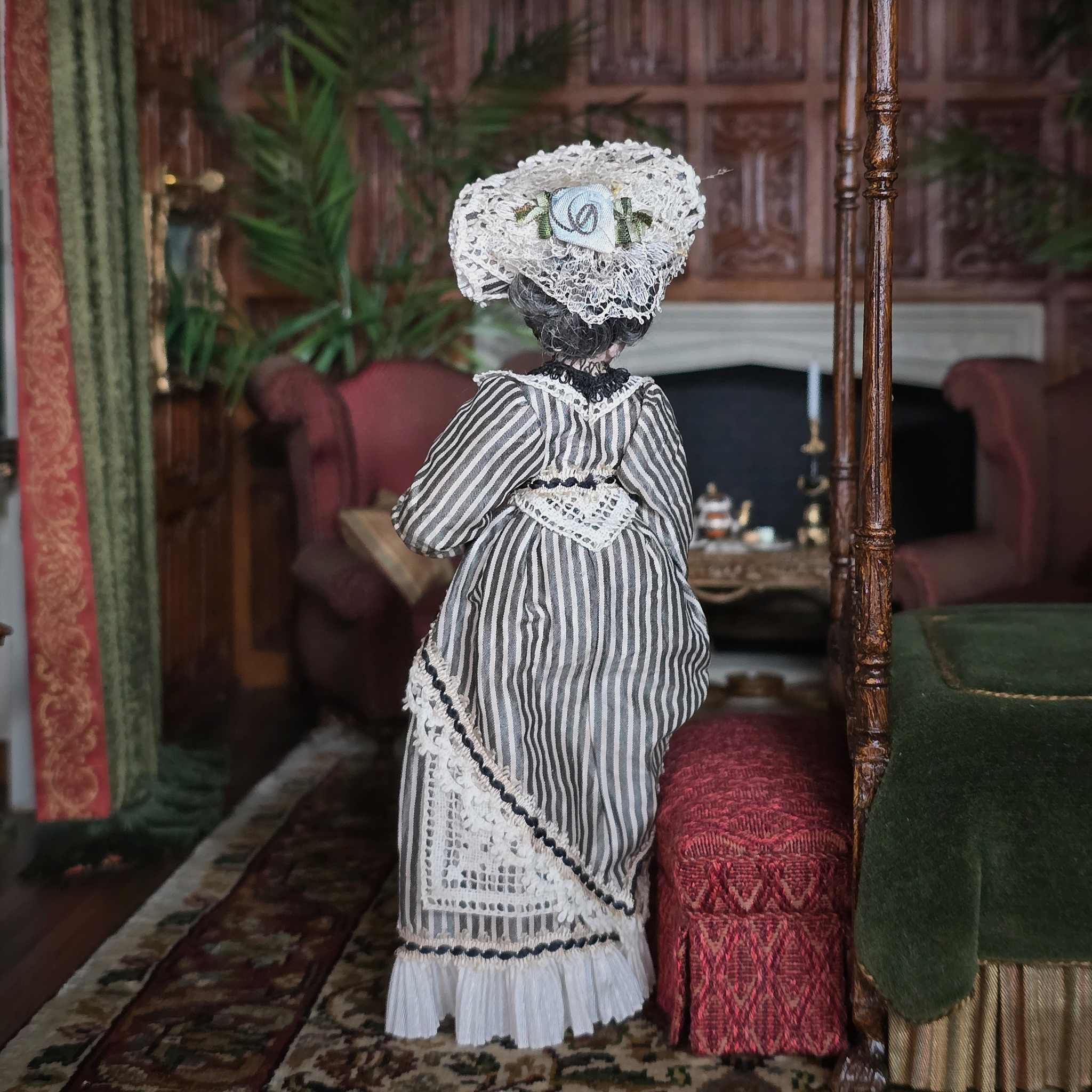 RESERVED FOR RICK: Wealthy Noblewoman Victorian Doll Striped Gown Original Marcia Backstrom Sculpted Clay Dollhouse