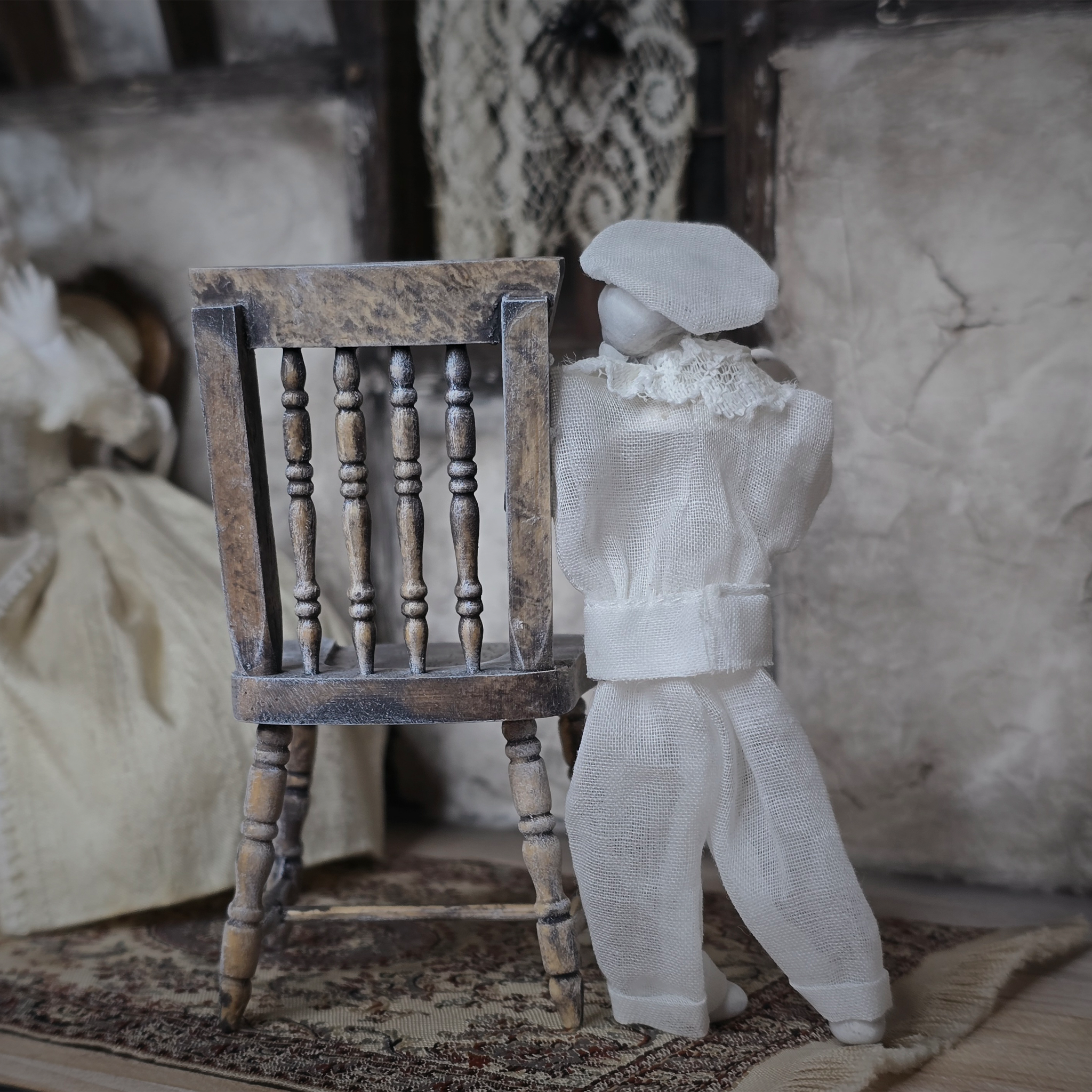Edwardian Boy Ghost Doll OOAK Haunted Miniature Child with Slingshot & Chair by Pat Benedict