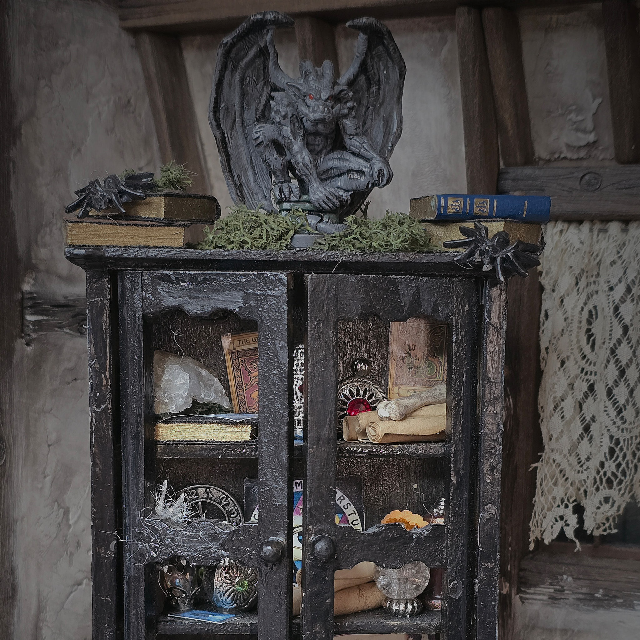 Black Wooden Halloween Curio Cabinet OOAK Miniature with Magical Contents & Gargoyle