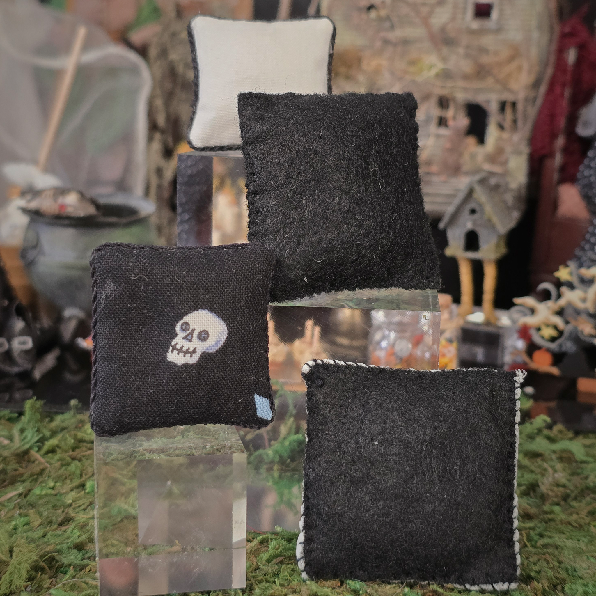 Halloween Pillow Set Artisan Handmade Miniature Spooky Decorative Cushions (Set of 4)