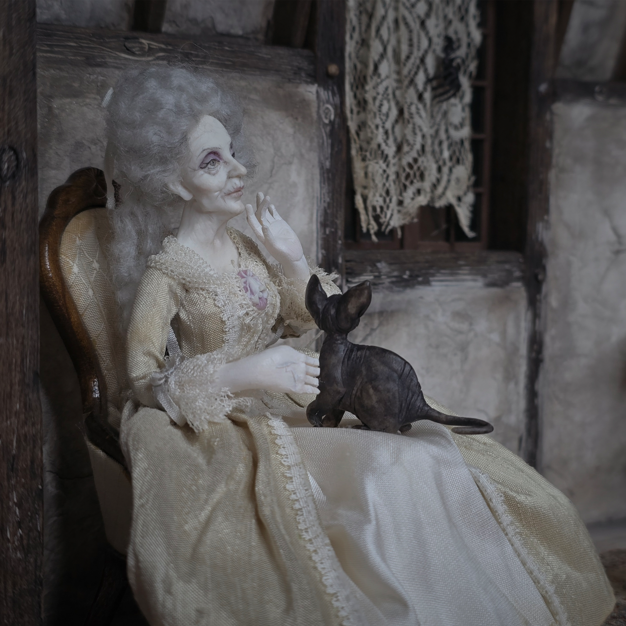 Hairless Spooky Sphynx Black Cat Statue OOAK Artisan Miniature Dollhouse Pet Figure (2011)