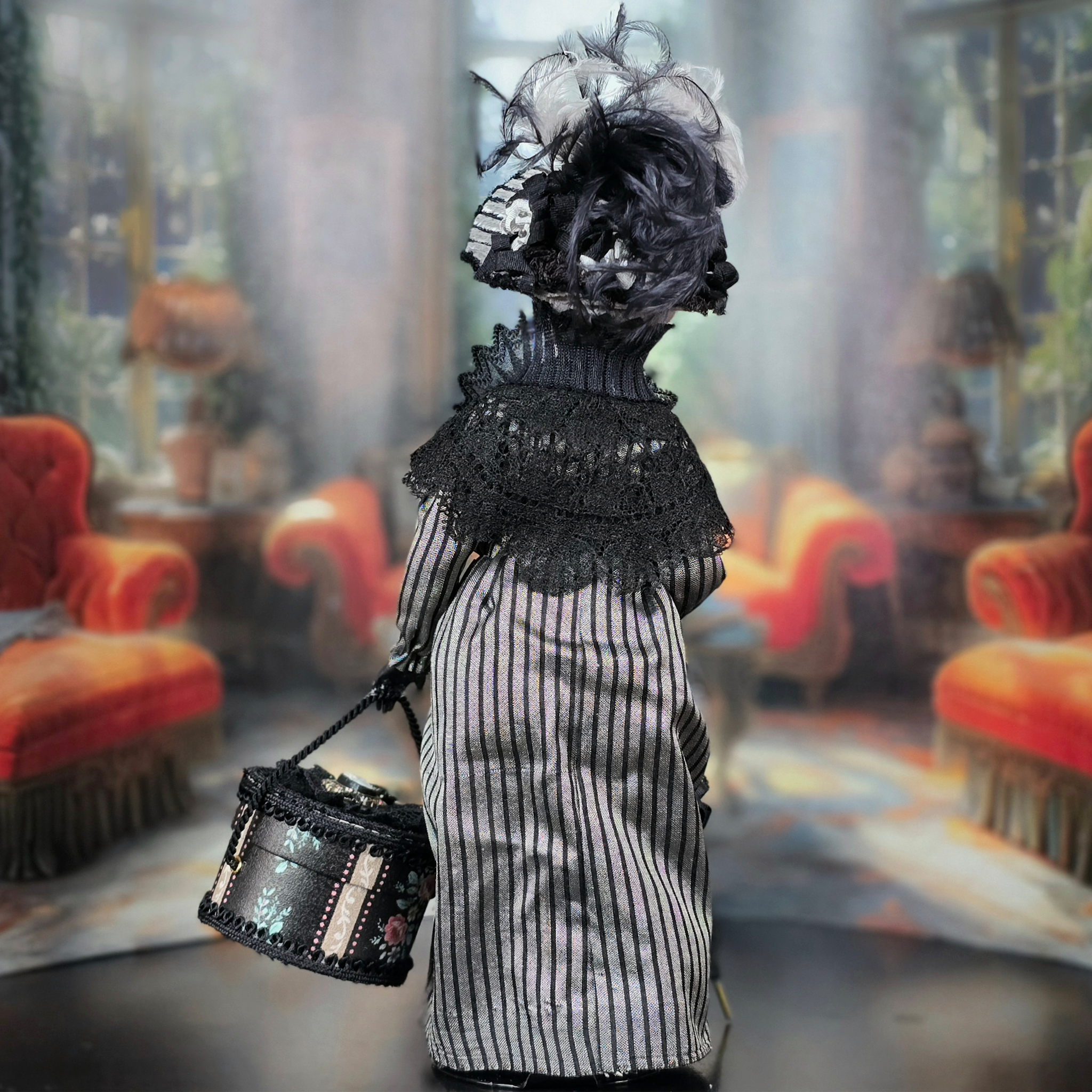 RESERVED FOR RICK: Victorian Lady Silver Black Silk Gown & Hatbox Original Marcia Backstrom Dollhouse Doll