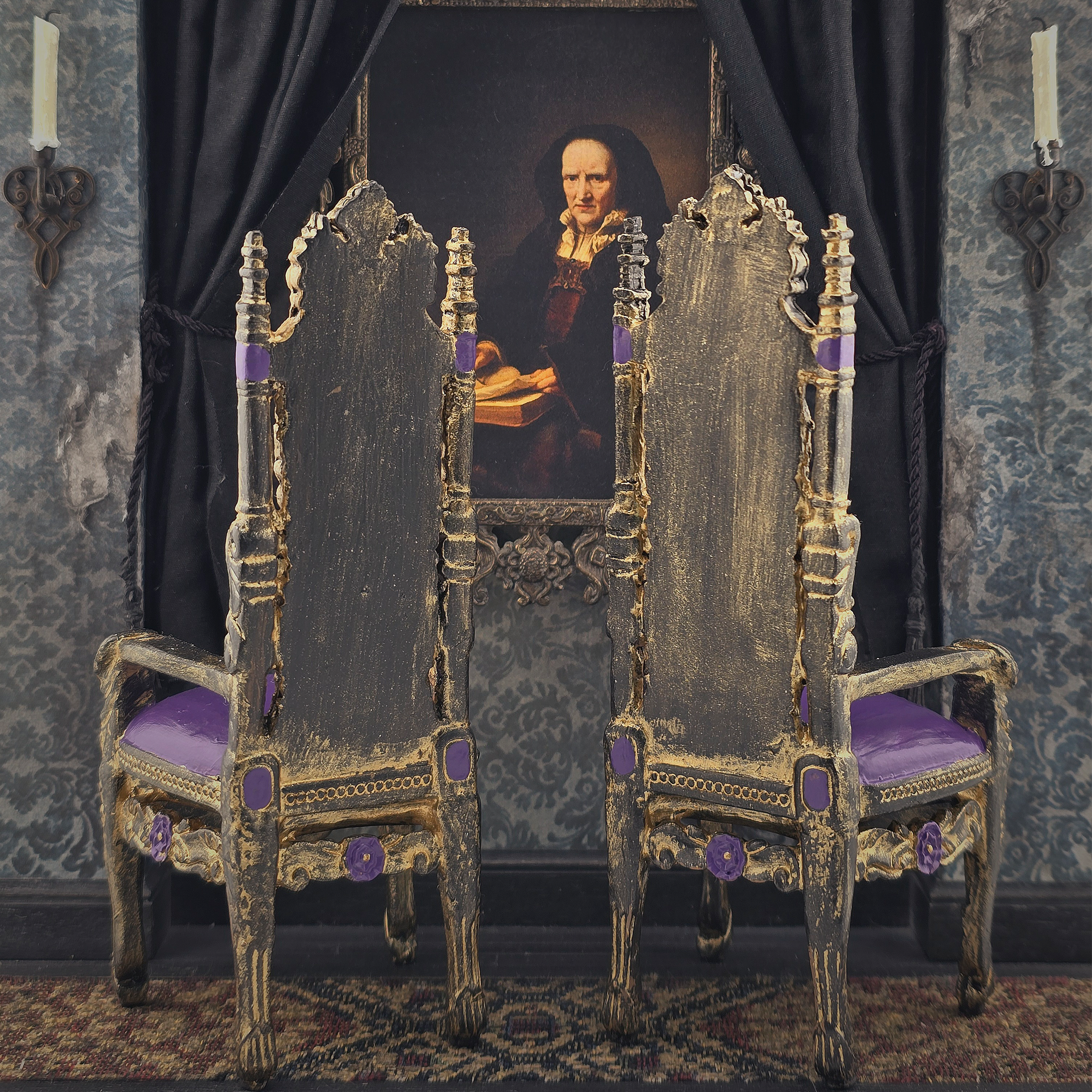 Royal Throne Chair Pair Heavy Resin Gothic Miniature Furniture with Purple & Gold