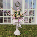 Load image into Gallery viewer, Pretty Pastel Gladiolus Arrangement in Victorian White Wicker Plant Stand

