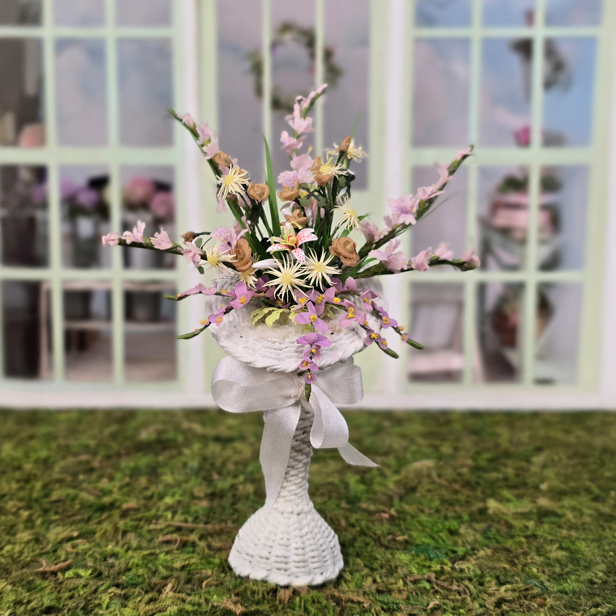 Pretty Pastel Gladiolus Arrangement in Victorian White Wicker Plant Stand