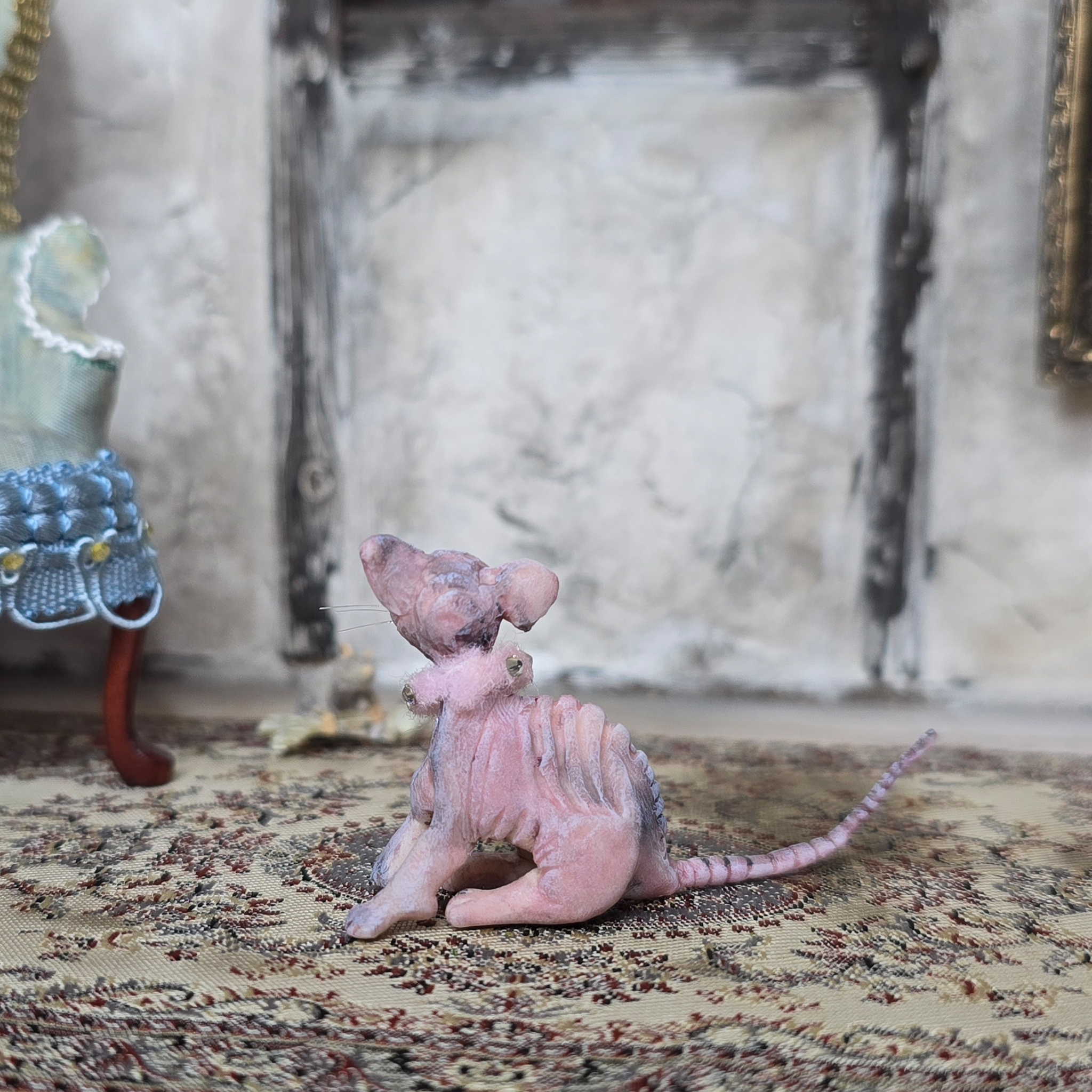 Hairless Spotted Sphynx Pink Grey Cat Spooky OOAK Artisan Miniature Dollhouse Pet Figure