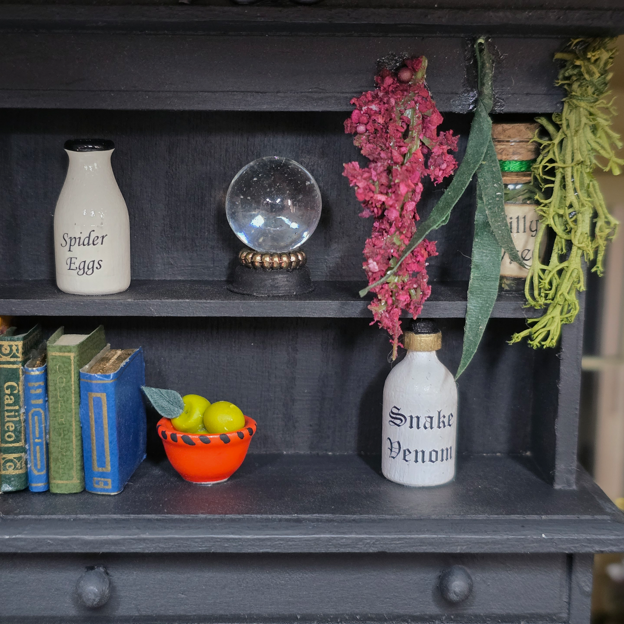Halloween Witch’s Kitchen Hutch OOAK Black Wood, Dressed with Potion Ingredients