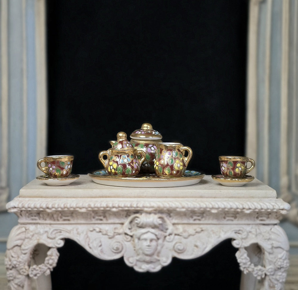 OOAK 8-Pc Burgundy Jewel-Toned Floral Mosaic Tea Set with Service for Two