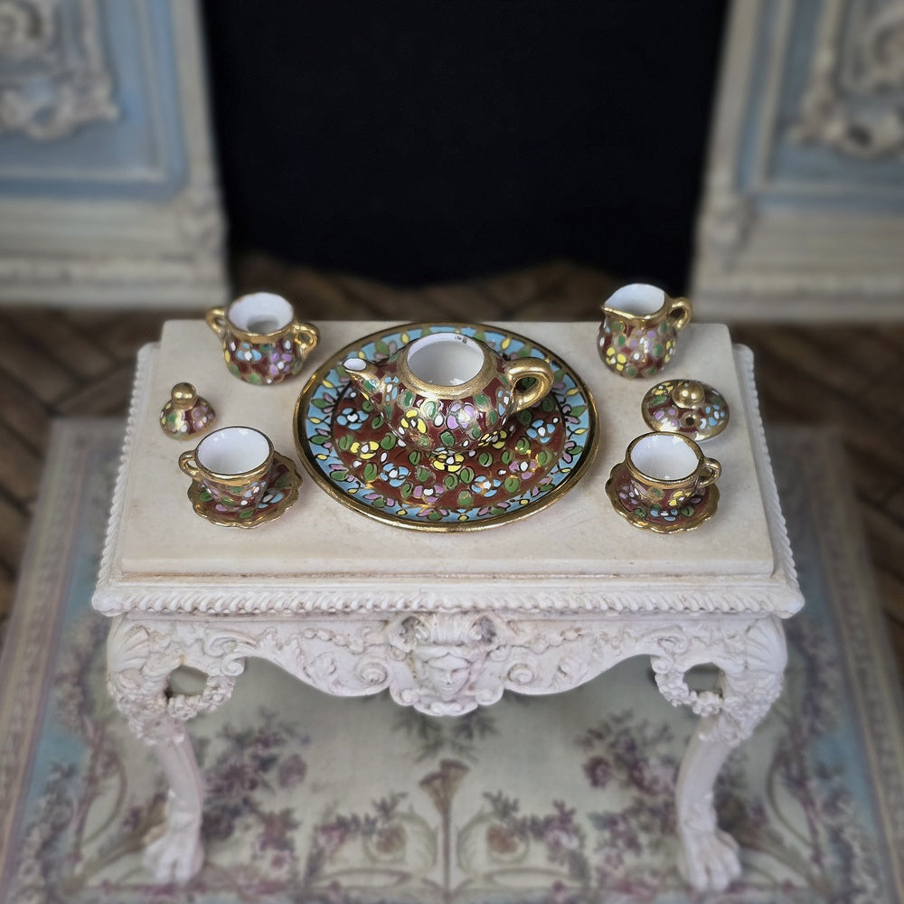 OOAK 8-Pc Burgundy Jewel-Toned Floral Mosaic Tea Set with Service for Two
