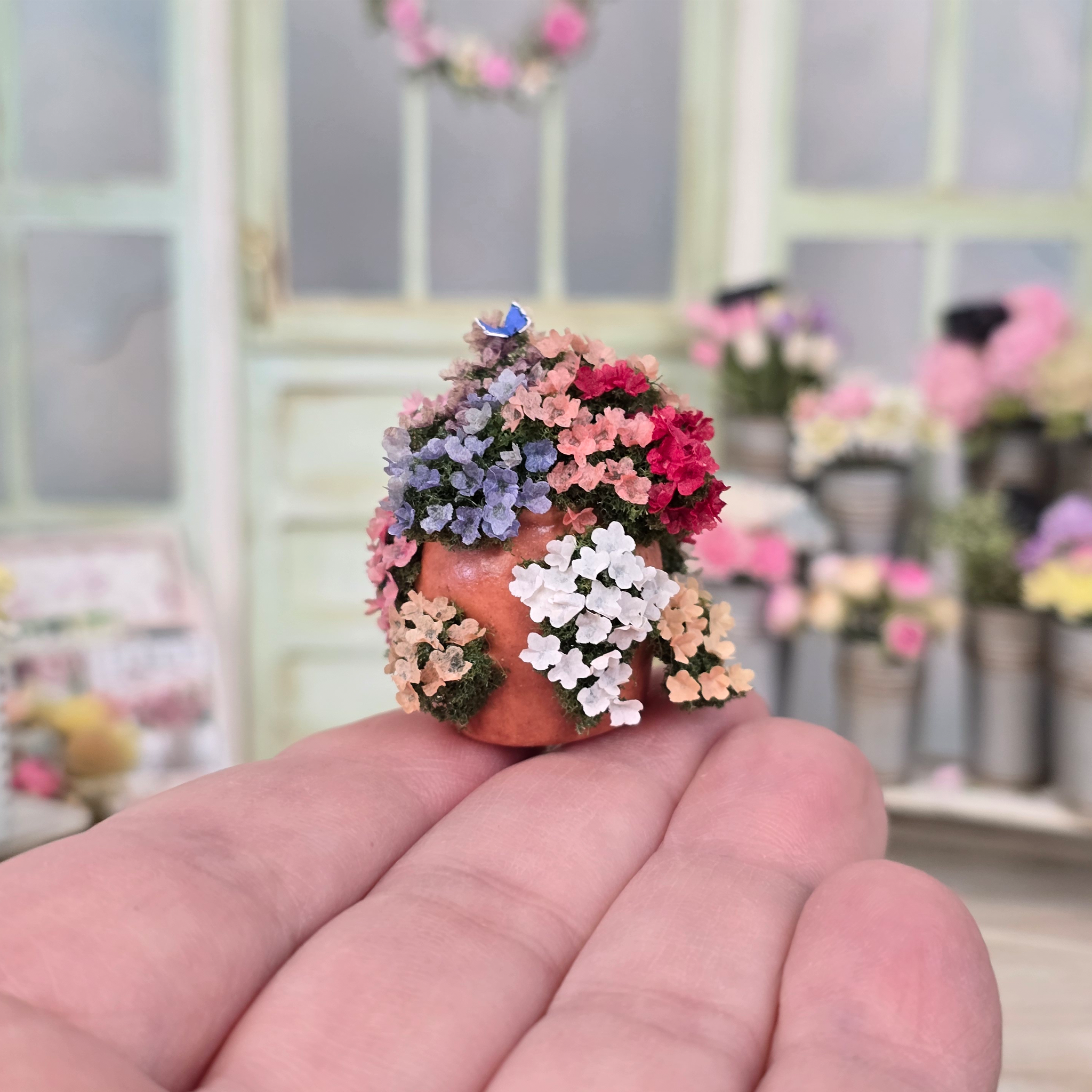 Colorful Flowering Hydrangea Plant in Terracotta Planter with Butterfly Realistic