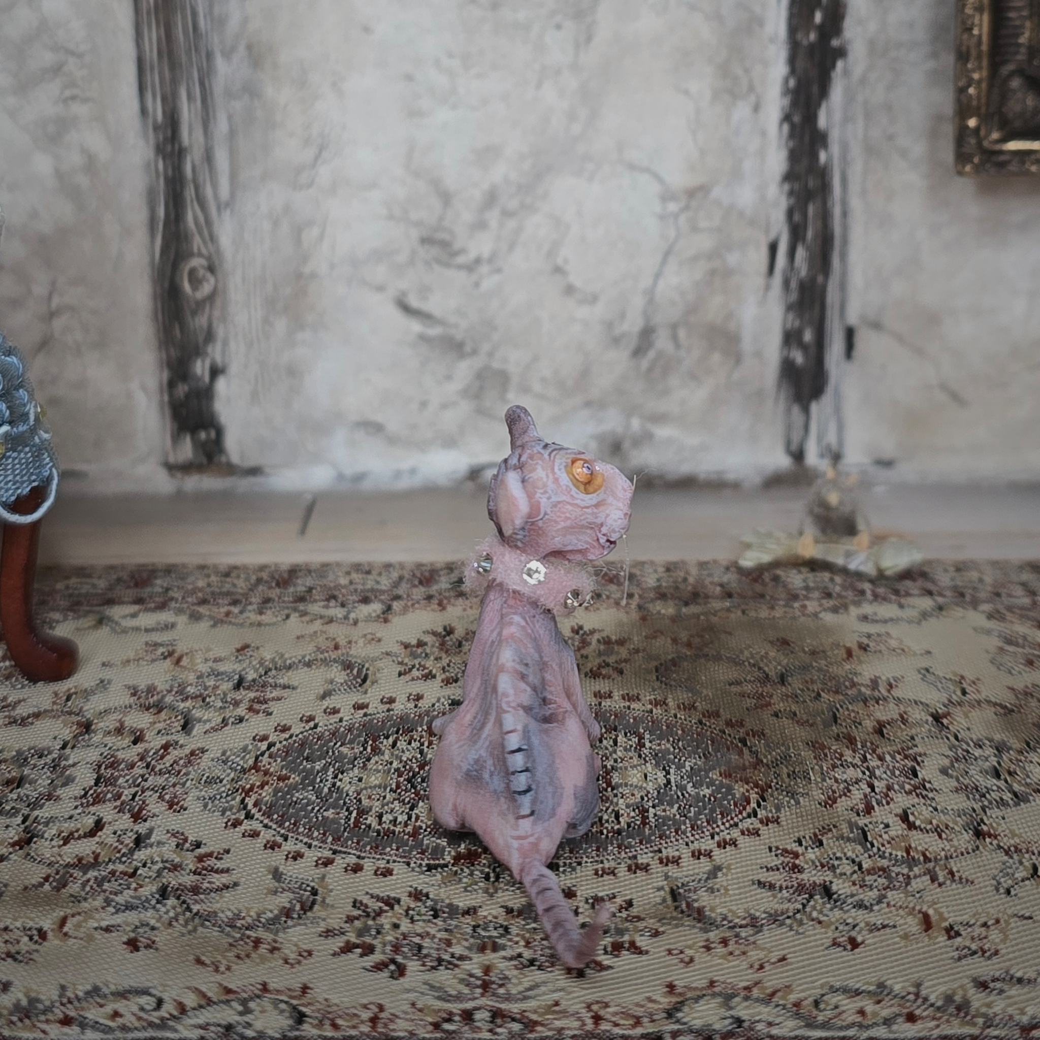 Hairless Spotted Sphynx Pink Grey Cat Spooky OOAK Artisan Miniature Dollhouse Pet Figure