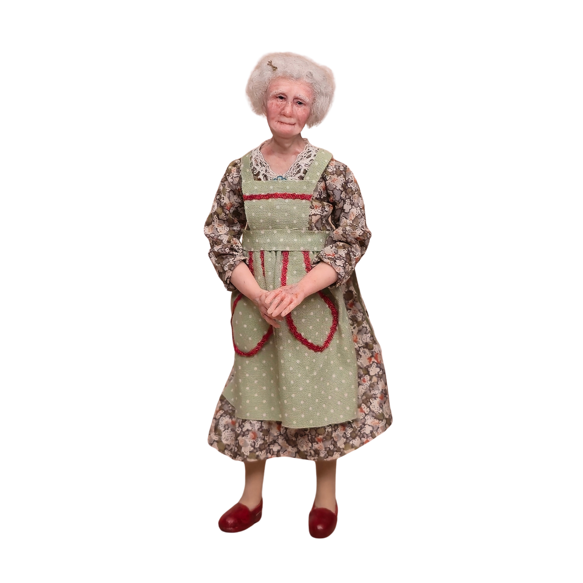 Jain Squires Country Granny in Floral Dress & Apron 1:12 Miniature Doll