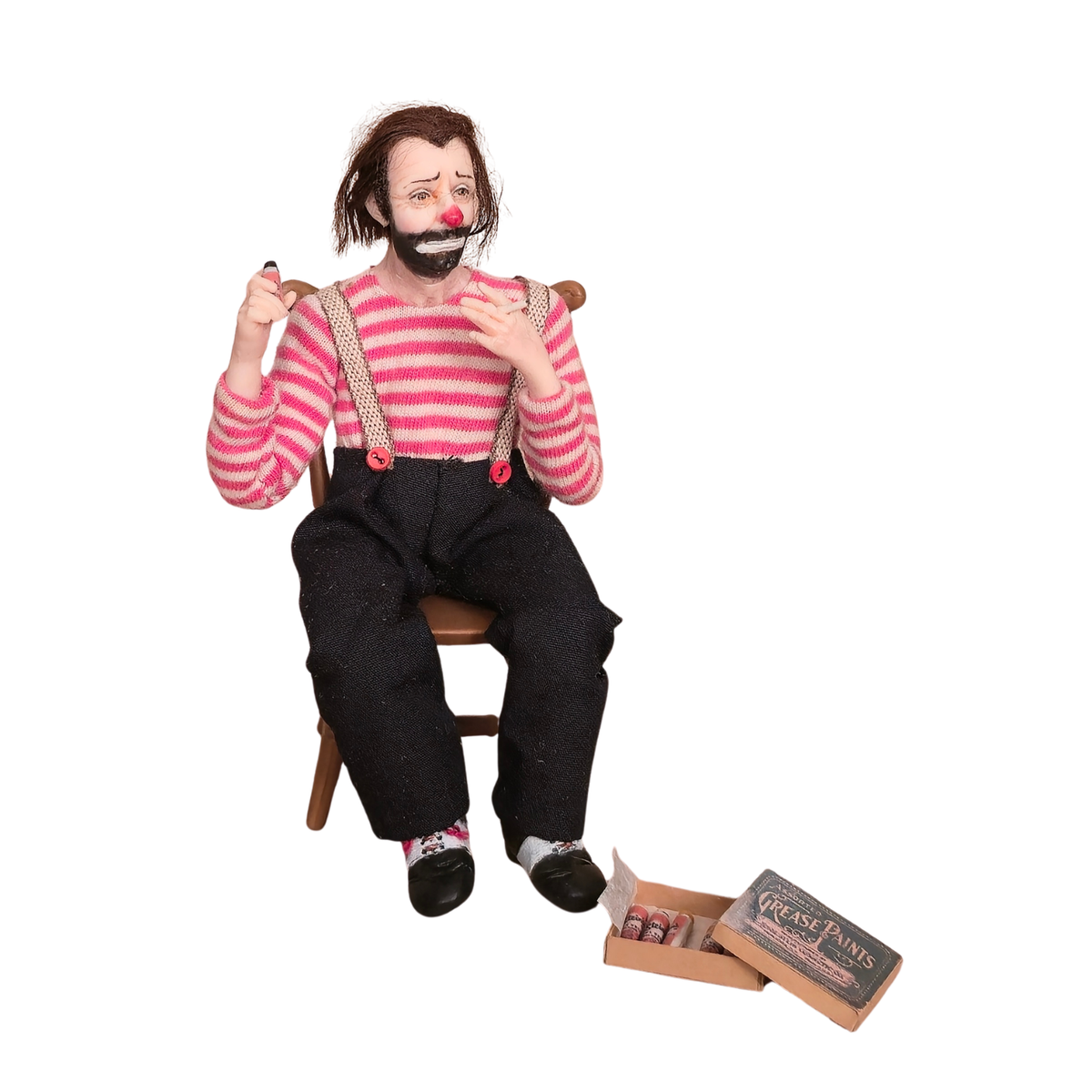 Julie Campbell Seated Tired, Smoking Circus Clown Doll with Chair & Grease Paint Box