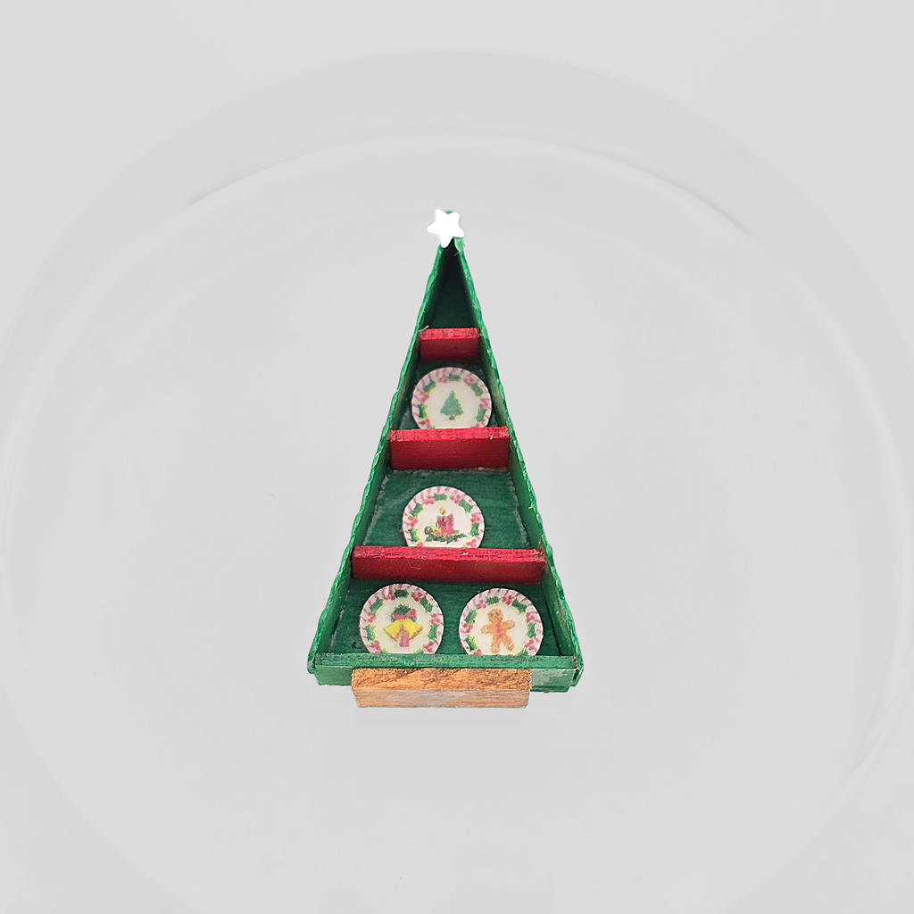 Signed Dollhouse Miniature Christmas Tree-Shaped Plate Display Box on plain background