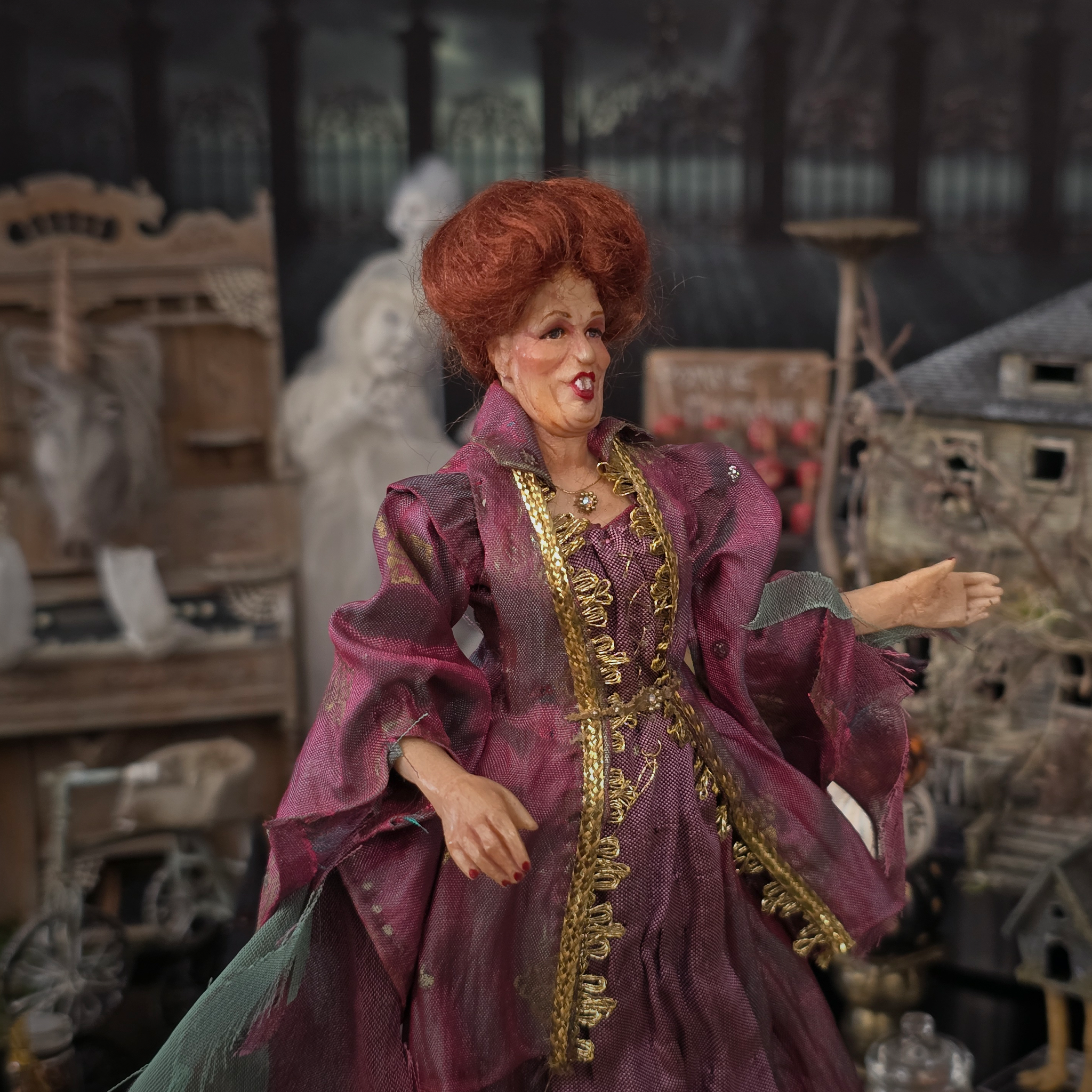 Vintage Miniature Character Doll OOAK Winifred Sanderson Doll Silk Gown Sculpted Clay