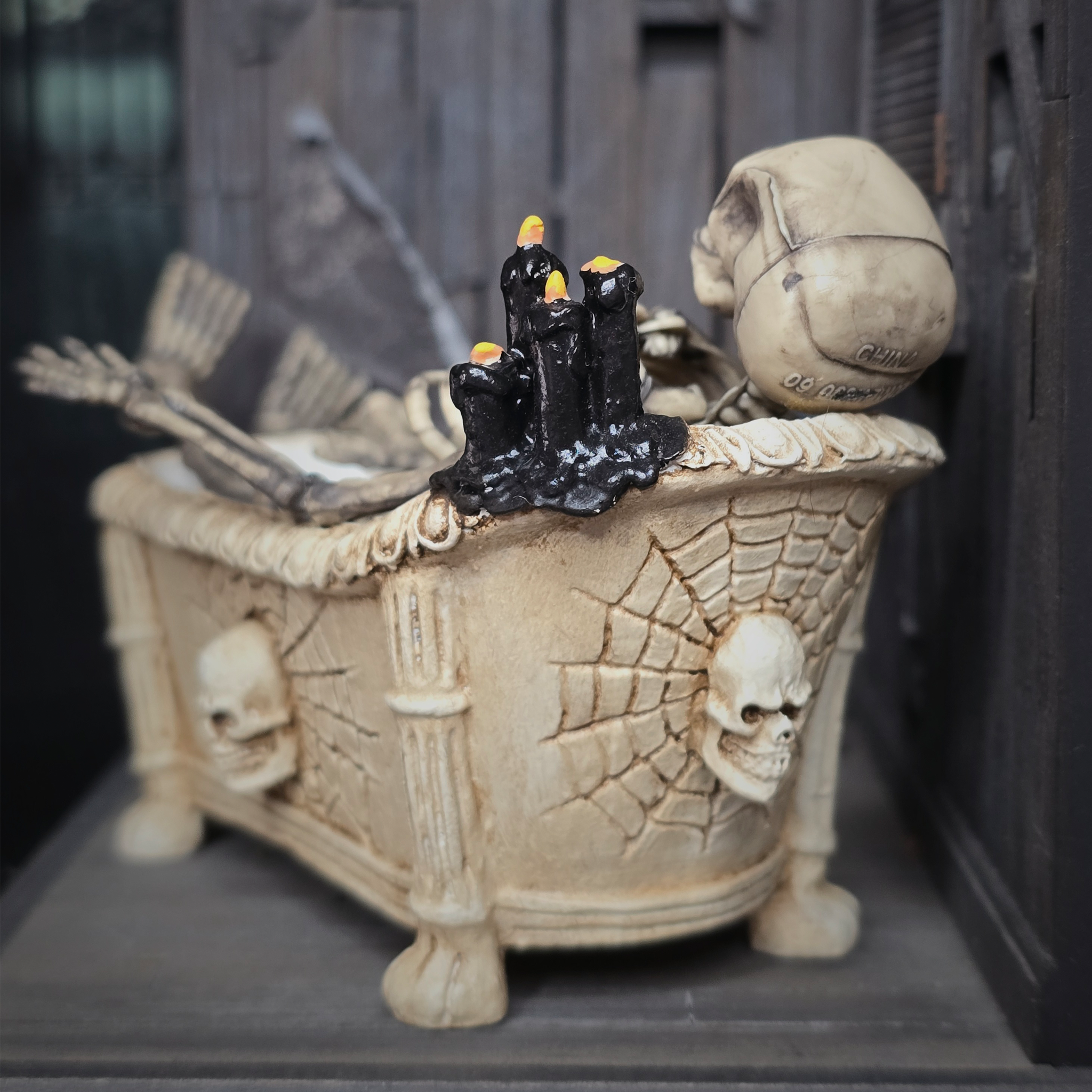 Clay Halloween Clawfoot Bathtub OOAK Miniature with Skeleton, Skulls & Candles