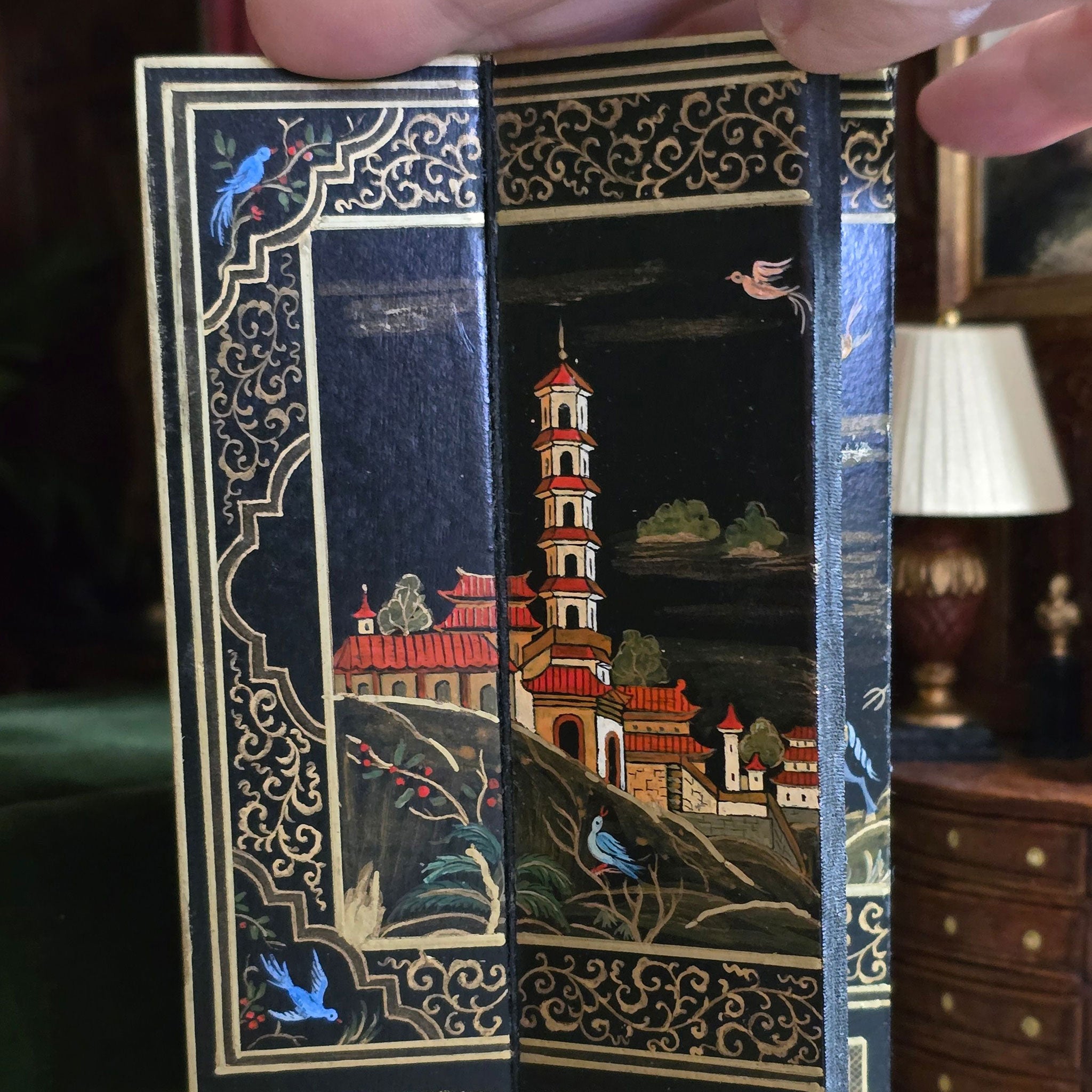 Decorative book with intricate illustrations of a tower and nature, held open by a hand.