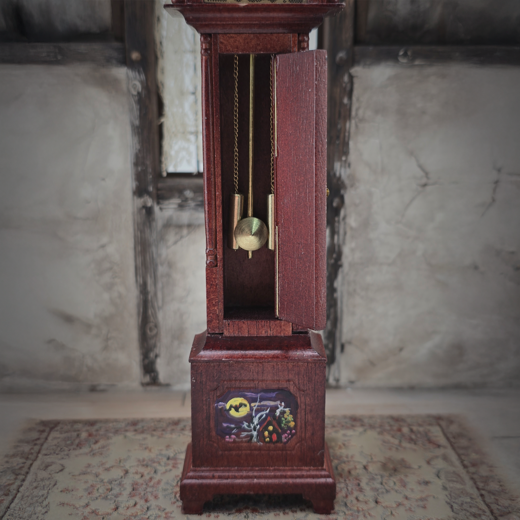 Wizard’s Grandfather Clock Hand-Carved Wood with Painted Halloween Motifs, Signed