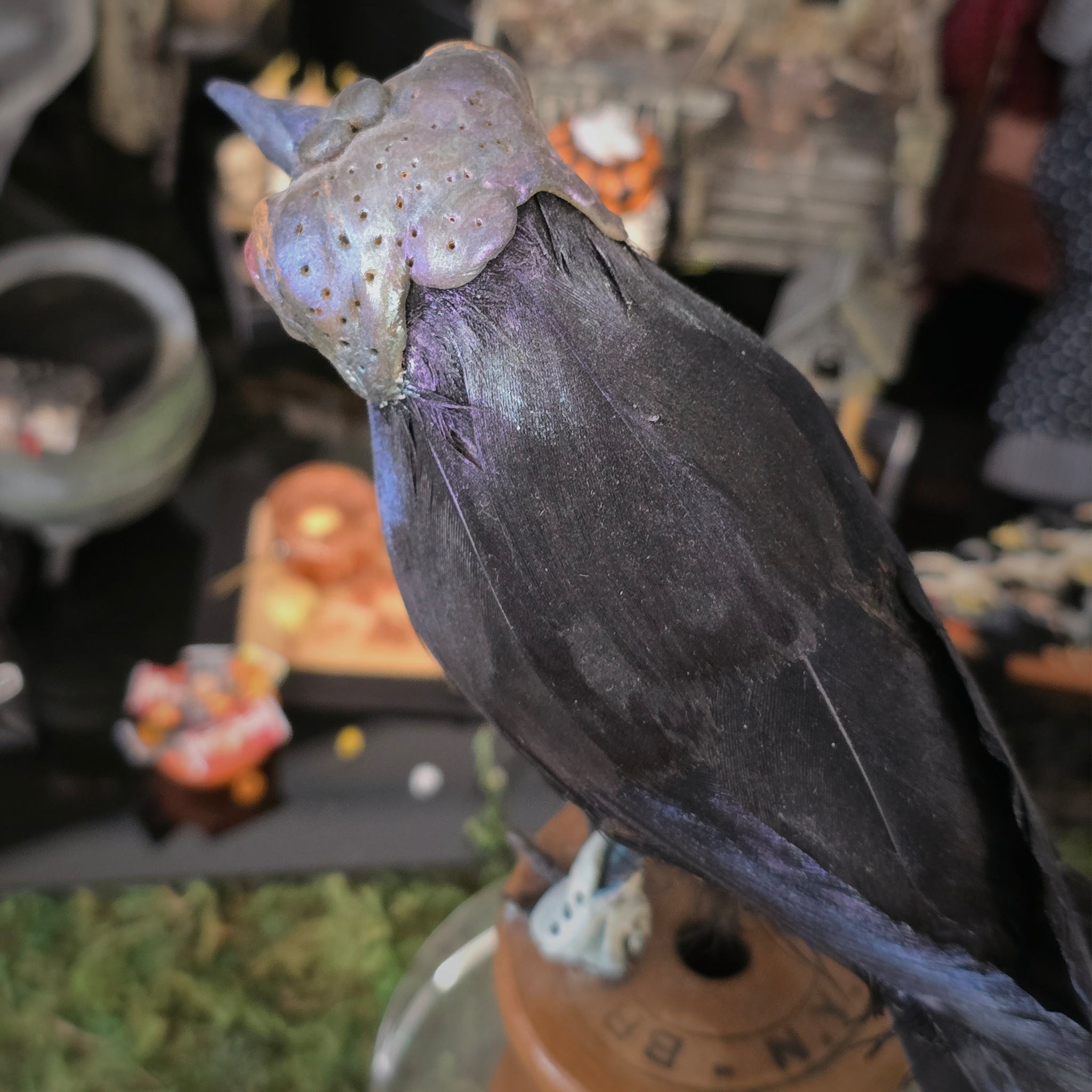 Raven Crow Bird Sculpture OOAK Sculpted Halloween Art on Vintage Thread Spool, Human Face