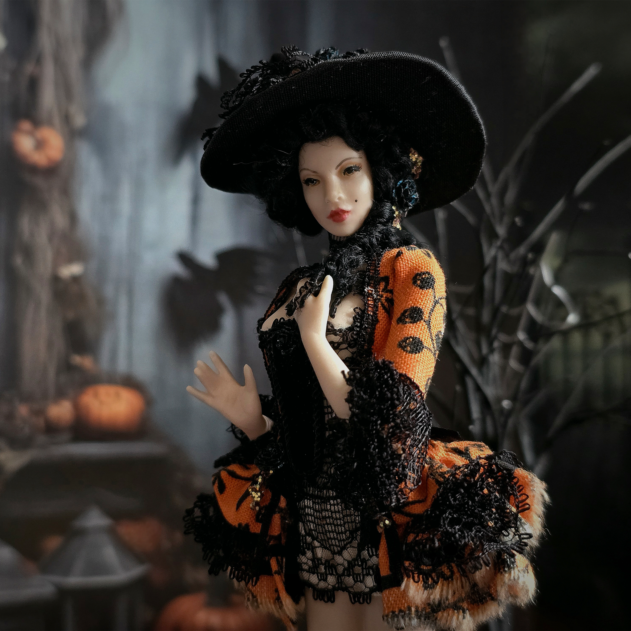 Halloween Witch One-of-a-Kind Porcelain Doll by Dana Burton for Magpie Miniatures