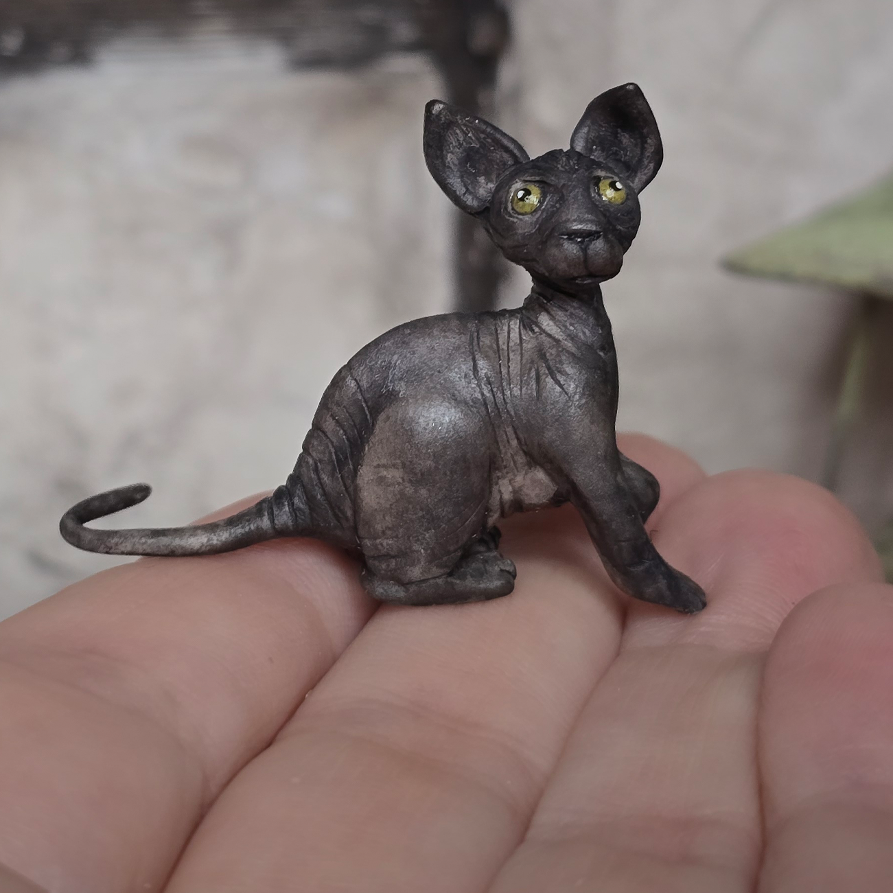 Hairless Spooky Sphynx Black Cat Statue OOAK Artisan Miniature Dollhouse Pet Figure (2011)
