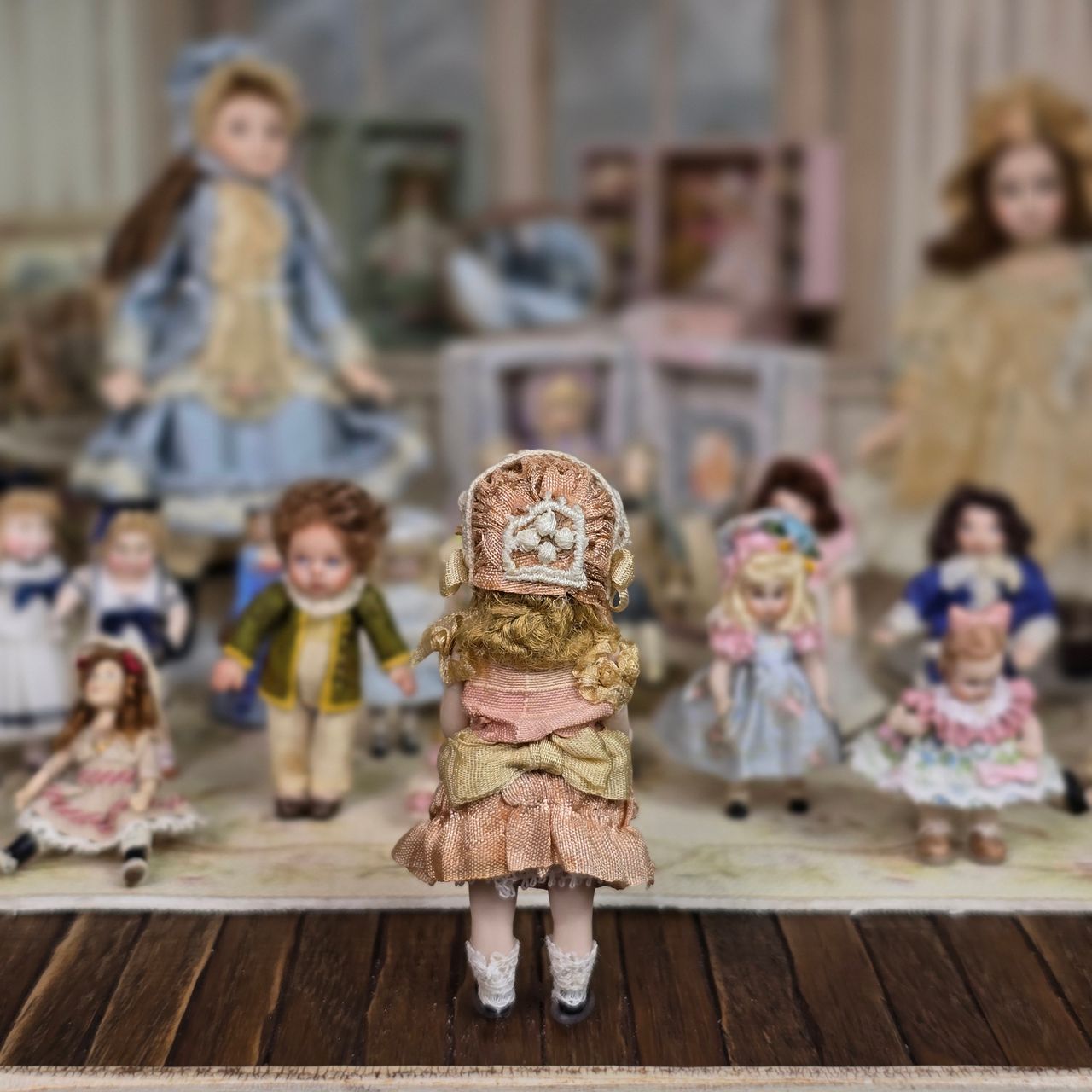 Pat Boldt Miniature Companion Doll Soft Coral Silk and Lace Bonnet