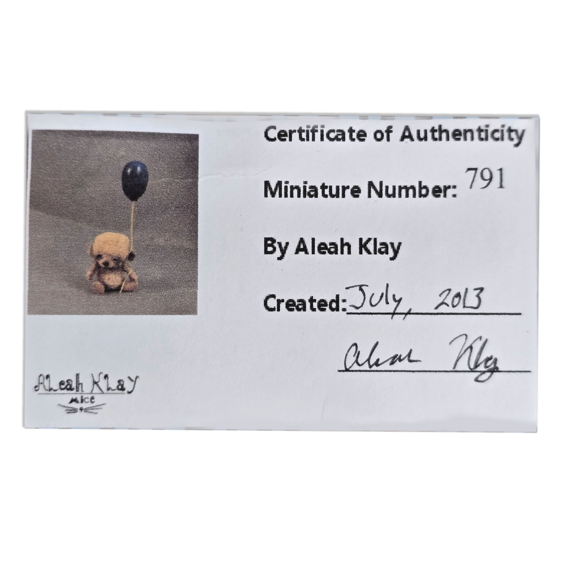 Aleah Klay Sad, Pouty Teddy Bear with Blue Balloon OOAK Miniature 2013 Sculpted