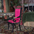 Load image into Gallery viewer, Chair with red silk upholstered cushion and hand painted Chinoiserie black frame in a vintage room setting

