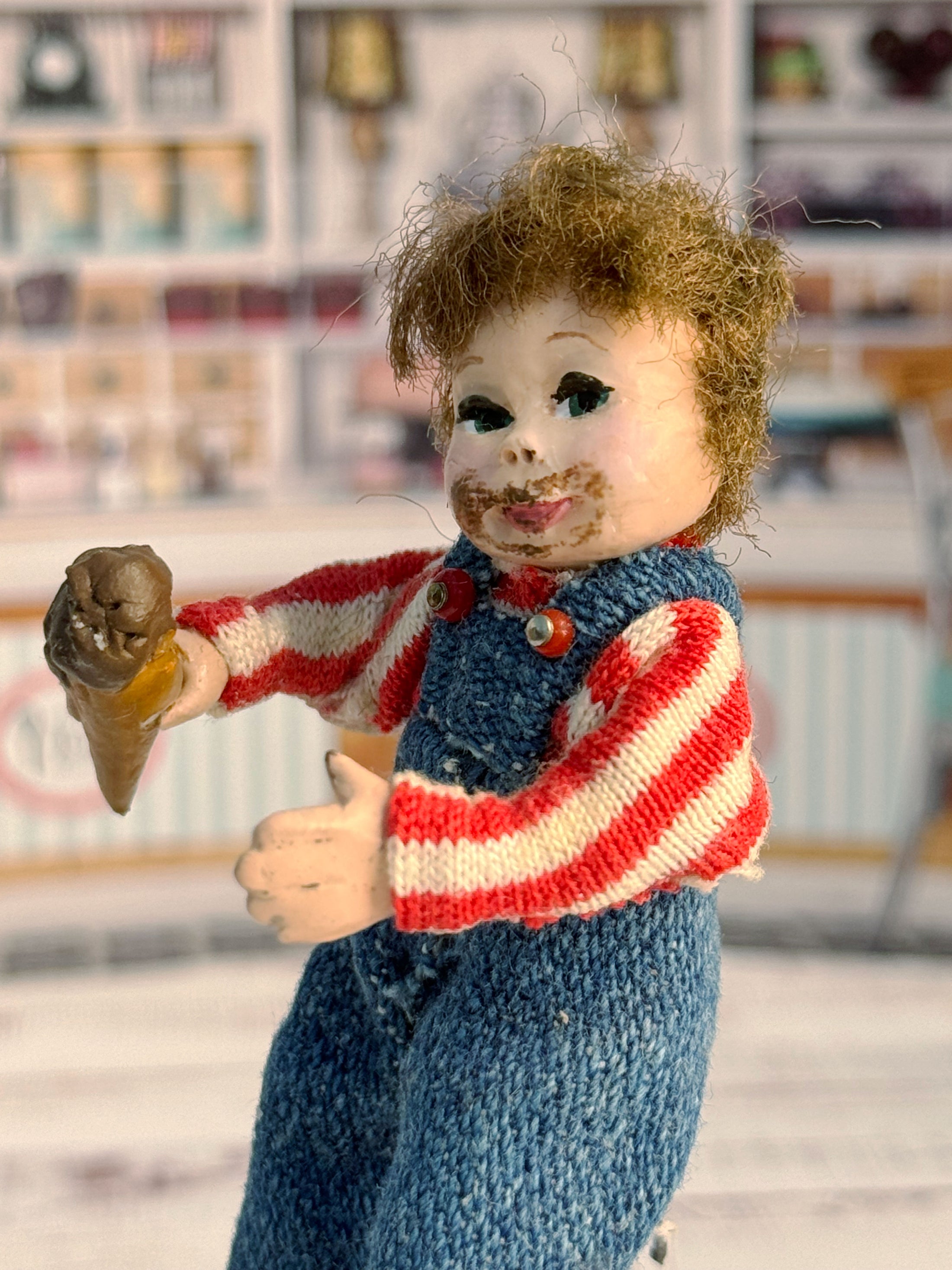 Messy Little Boy Doll with Overalls & Ice Cream Cone, close up shot, left side